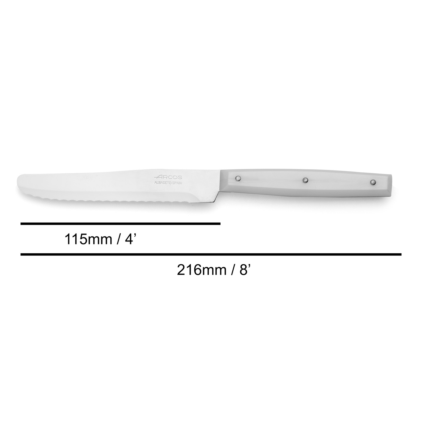 Conjunto de 12 facas de mesa Arcos de 216 mm com cabo em poliamida branca e lâmina de 11,5 cm.