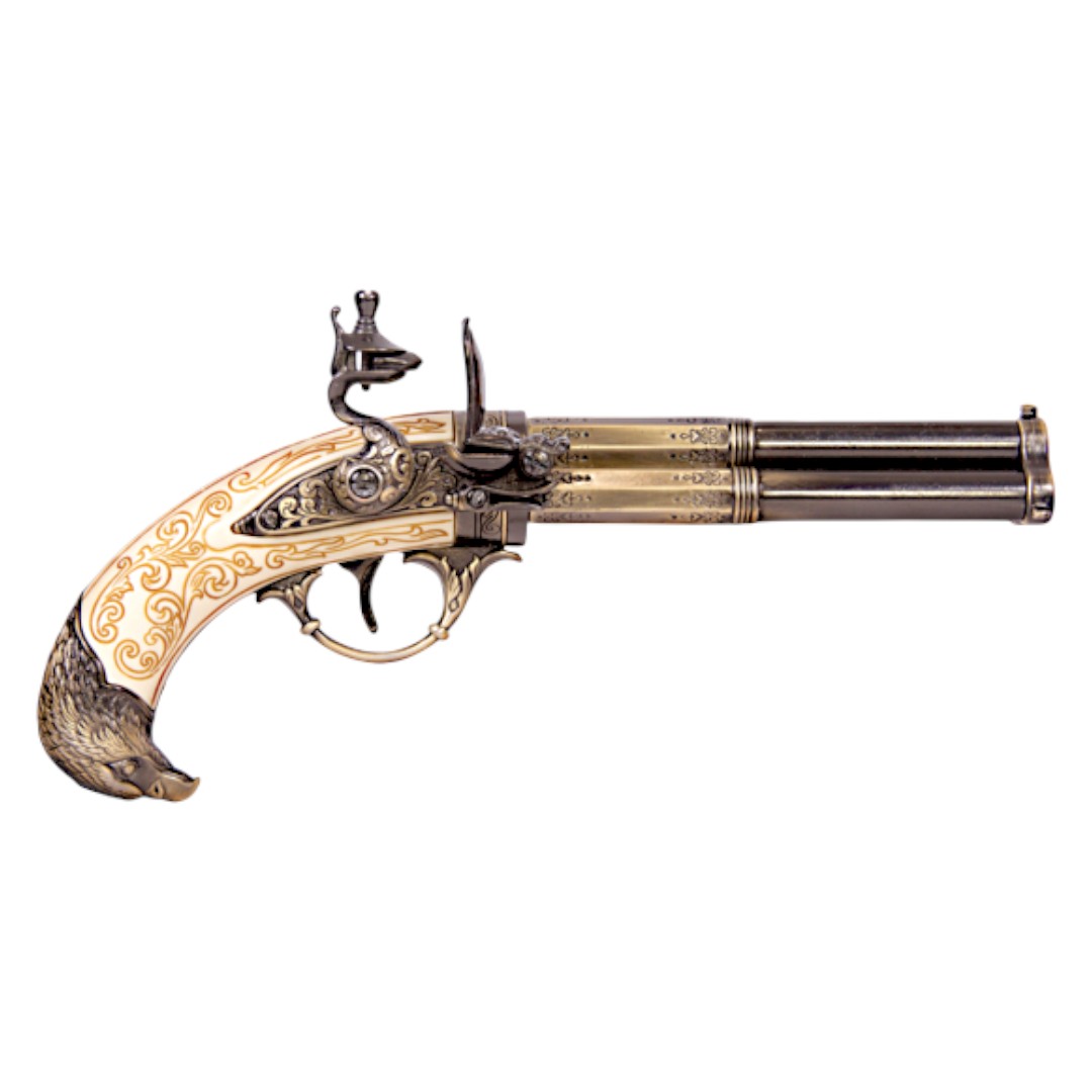 Pistola de pederneira de três canos, França, século XVIII 5306