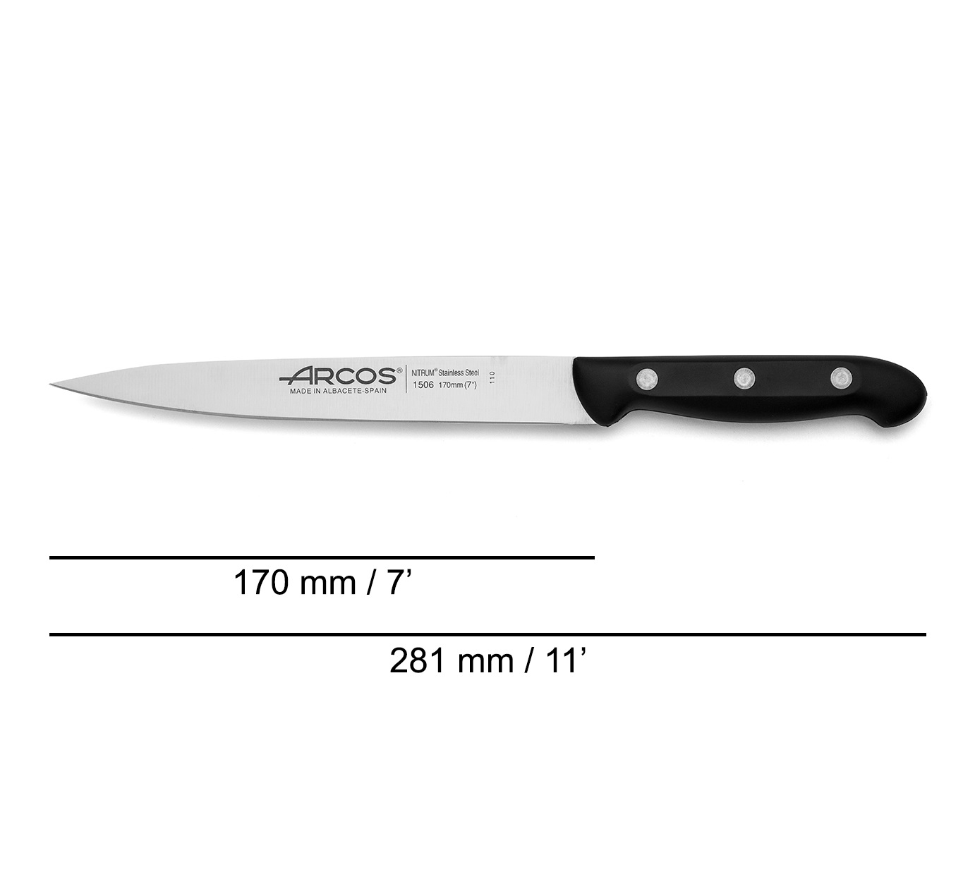 Cuchillo de lenguado Arcos Maitre con mango de polipropileno negro y hoja de 170 mm