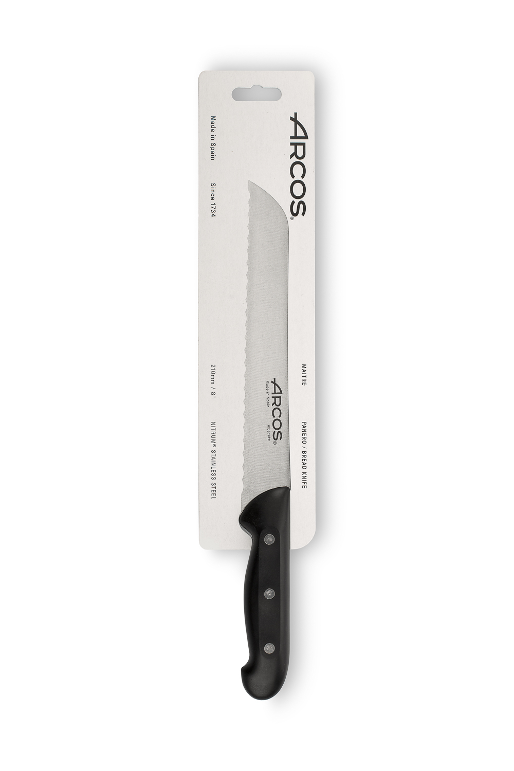 Arcos Maitre bread knife with black polypropylene handle and 210 mm pearlescent blade