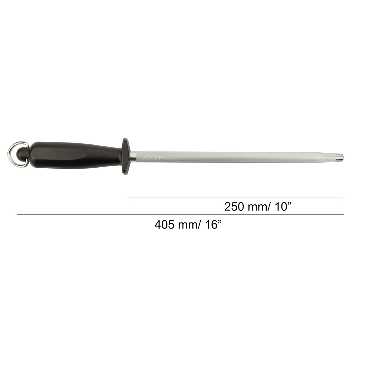 Affûteur Arcos 250 x 13 mm en acier au carbone chromé, avec manche et crochet en polypropylène noir