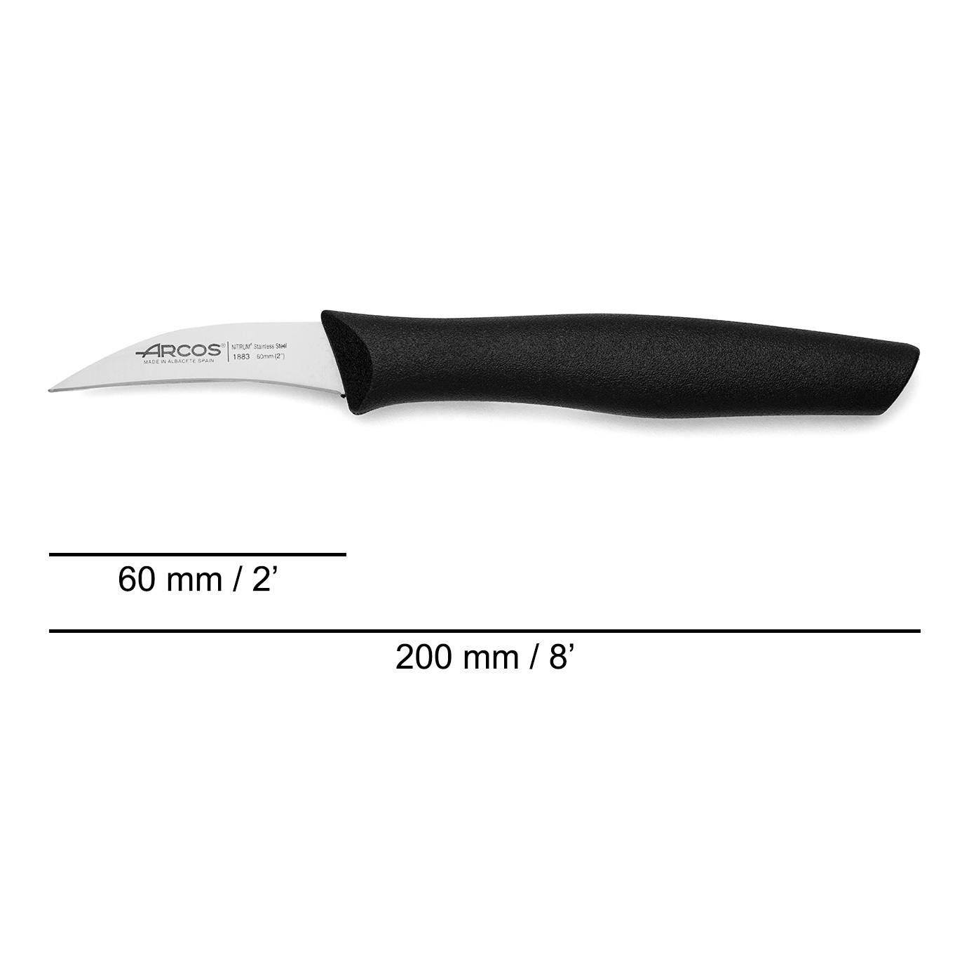 Set 3 cuchillos mondadores Arcos Nova 1 curvo con hoja de 60 mm y uno puntiagudo dentado y uno de filo liso de 100 mm con mango polipropileno negro