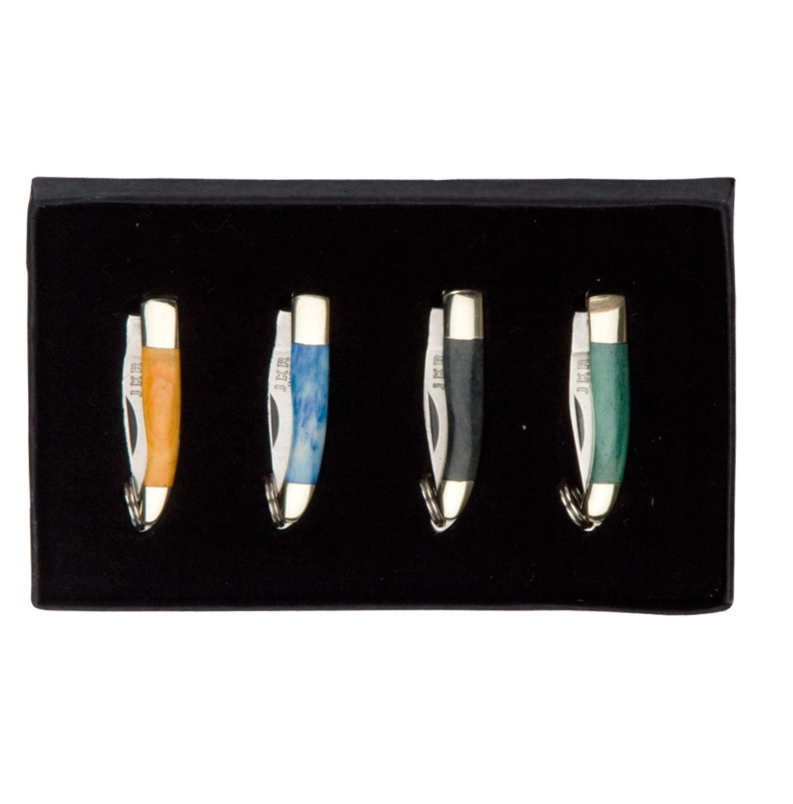 Set de 4 navajas miniatura JKR con mango de hueso de distintos co...
