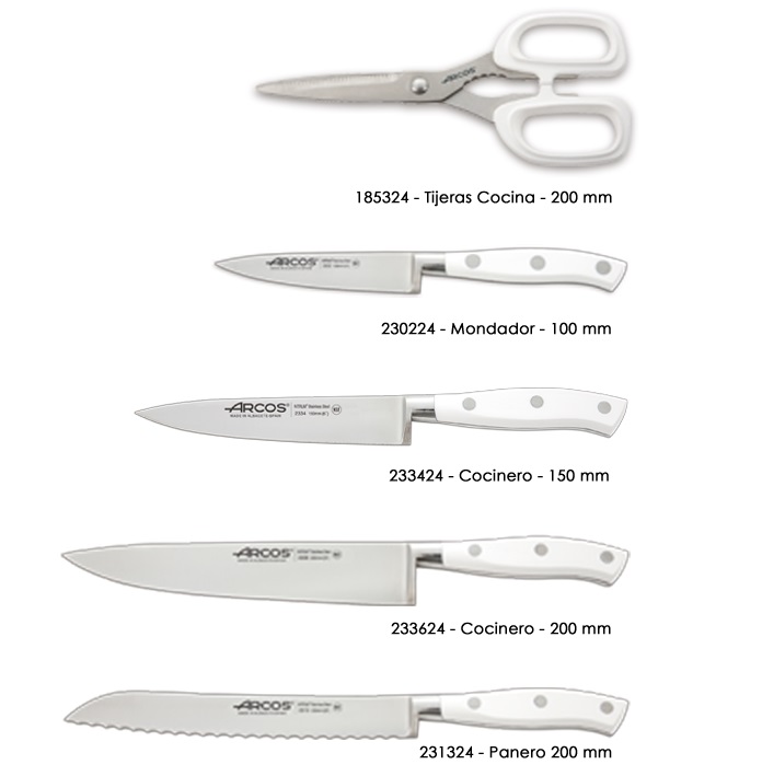 Conjunto de utensílios de cozinha Arcos Riviera branco com 4 facas, tesoura e cepo