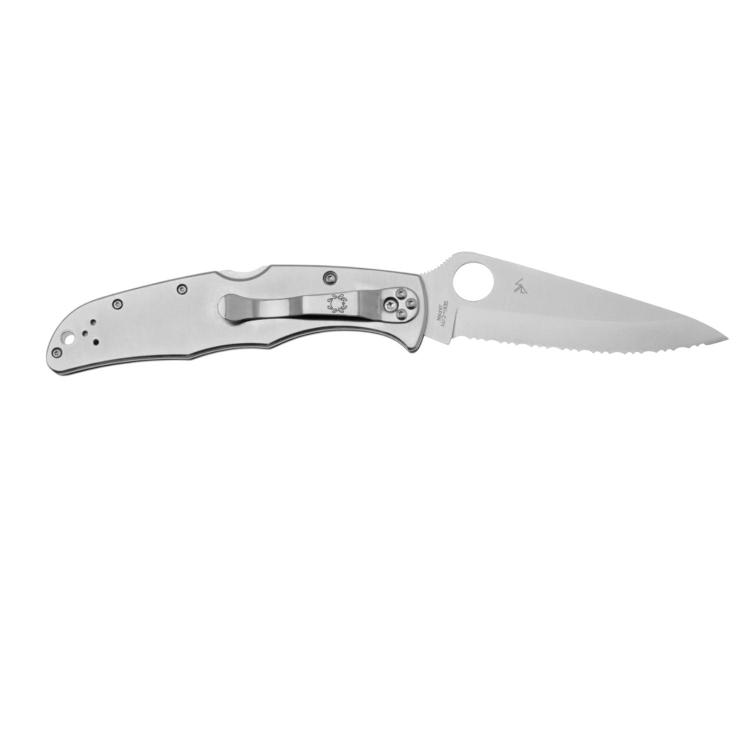 Canivete Spyderco Endura 4 em aço inoxidável C10S, com lâmina serrilhada em VG10 e cabo em aço inoxidável.