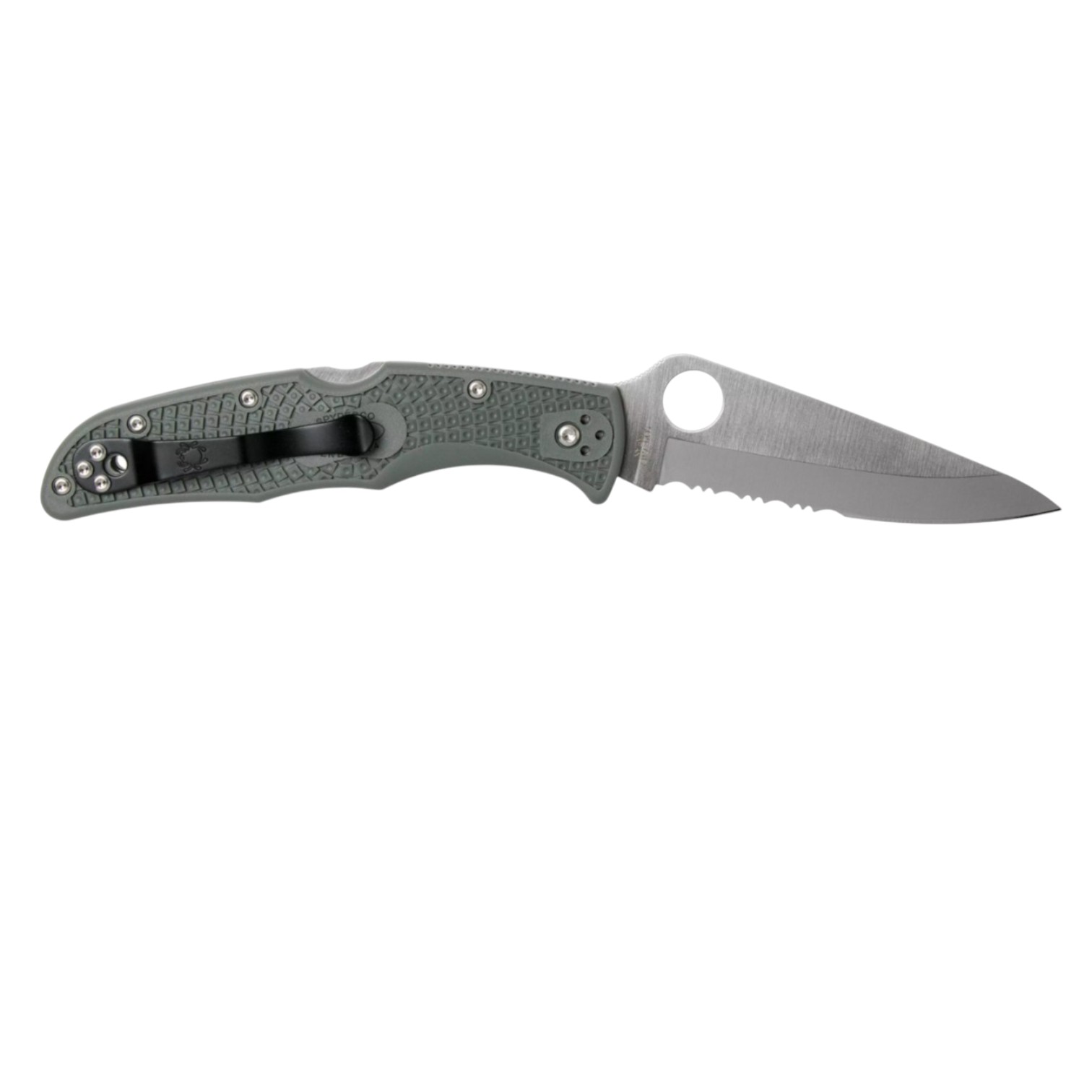 Canivete Spyderco Endura 4 C10PSFG, com lâmina em aço VG10 com fio semi-serrilhado e cabo em FRN verde.