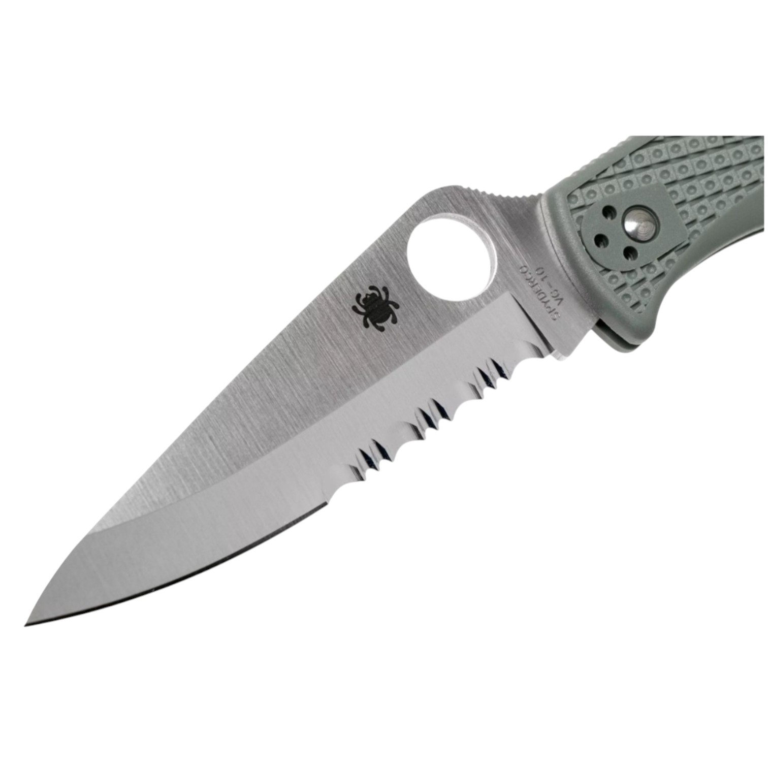 Canivete Spyderco Endura 4 C10PSFG, com lâmina em aço VG10 com fio semi-serrilhado e cabo em FRN verde.