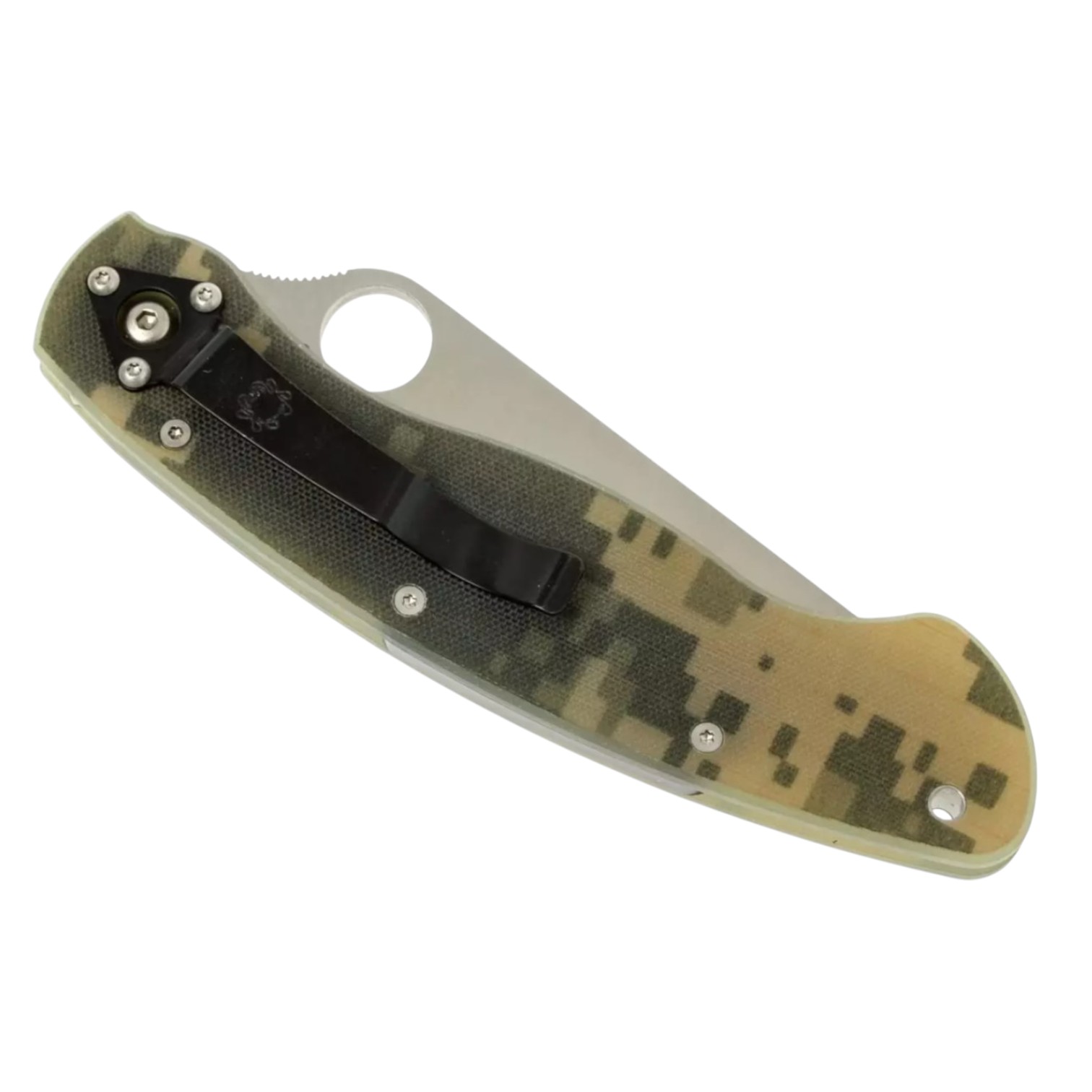 Canivete tático Spyderco Military Camouflage C36GPCMO com cabo em G-10 camuflado e lâmina de fio reto.