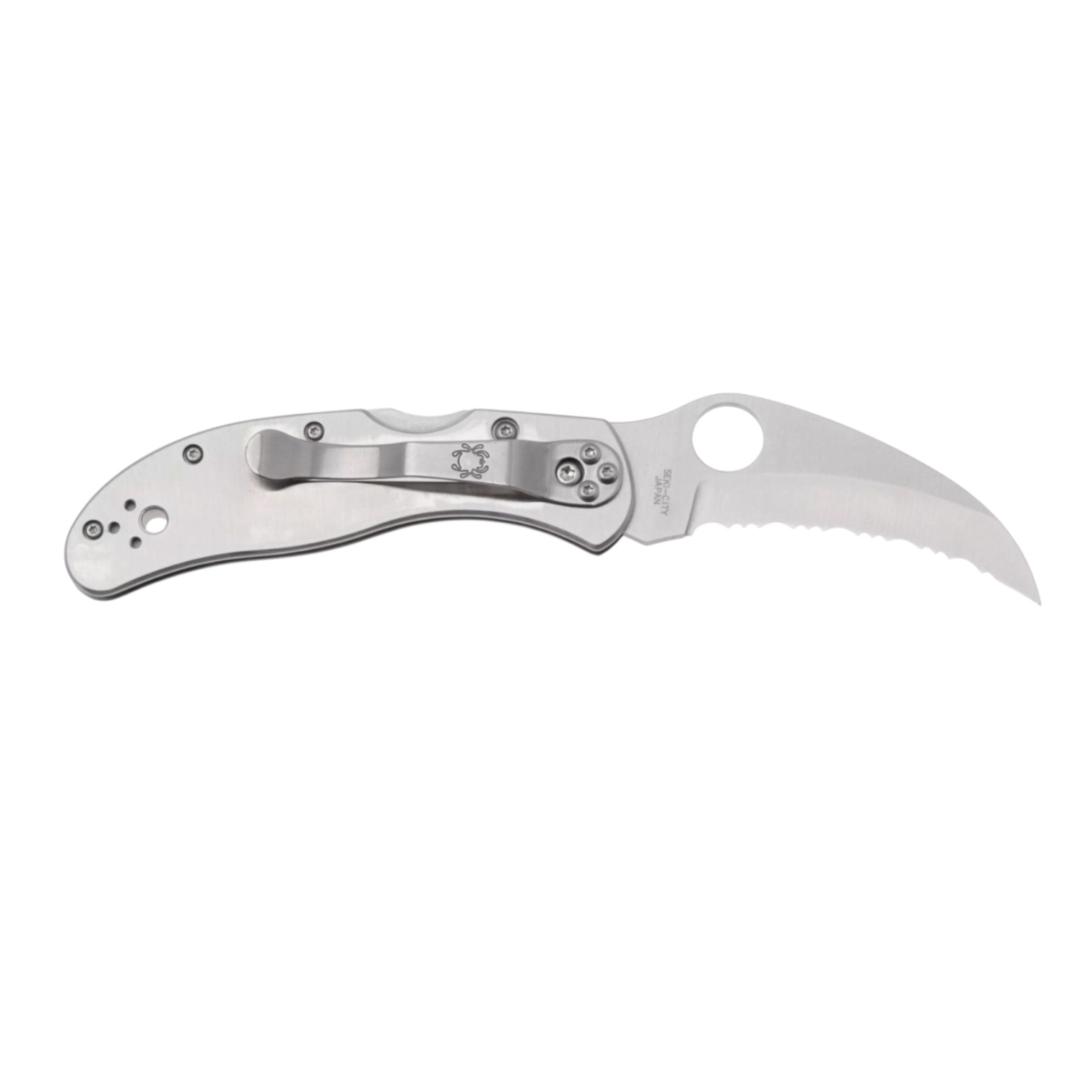Canivete Spyderco C08S Harpy com lâmina serrilhada de 7 cm em aço VG10 e cabo em aço inoxidável.