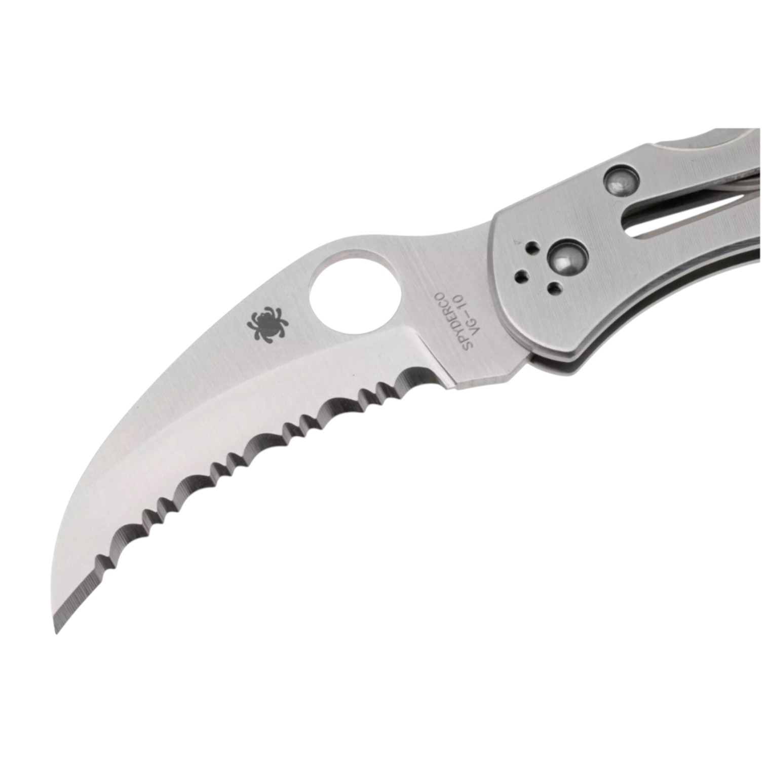 Canivete Spyderco C08S Harpy com lâmina serrilhada de 7 cm em aço VG10 e cabo em aço inoxidável.