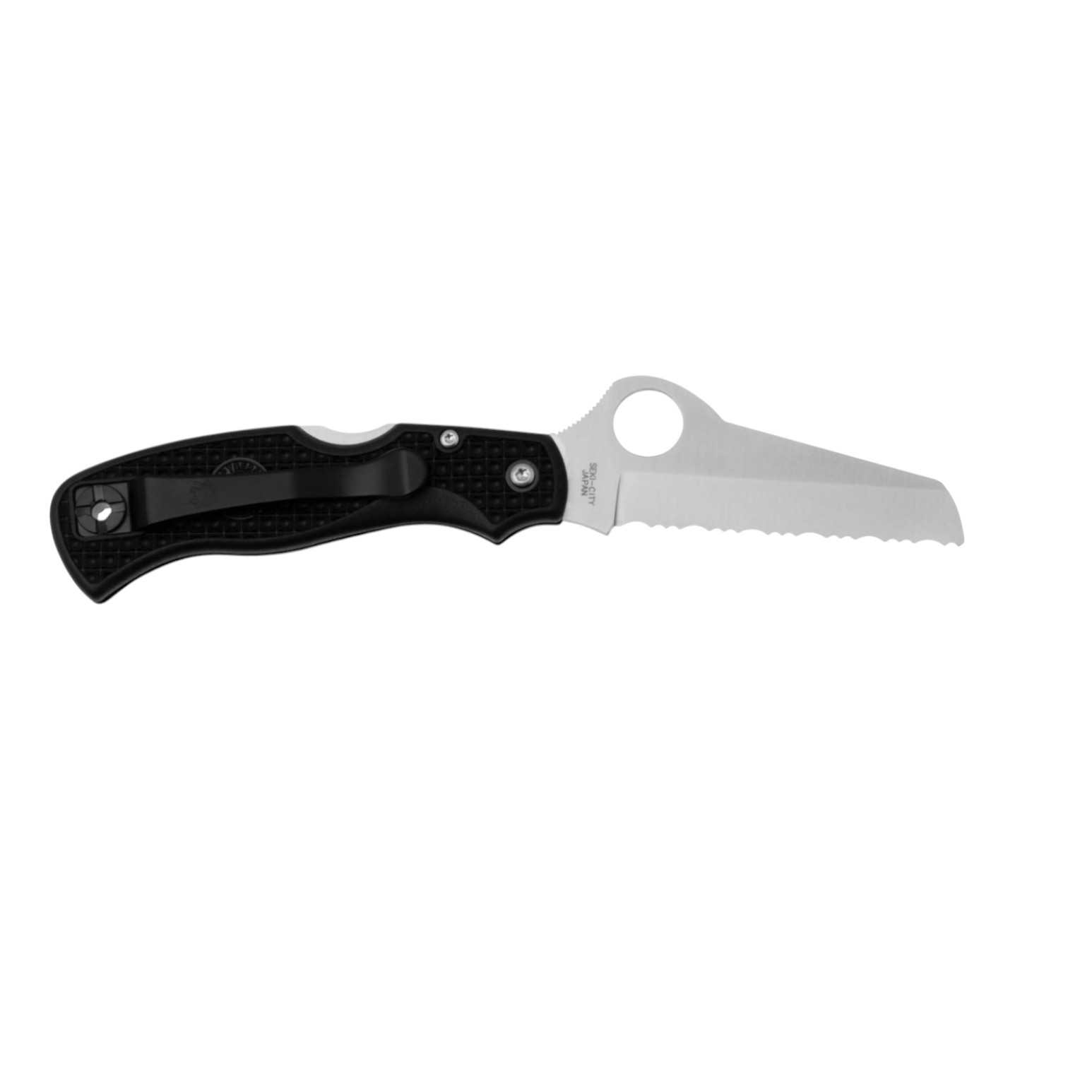 Canivete Spyderco Rescue Black C45SBK com lâmina serrilhada de 79 mm em aço VG10 e cabo em FRN preto.