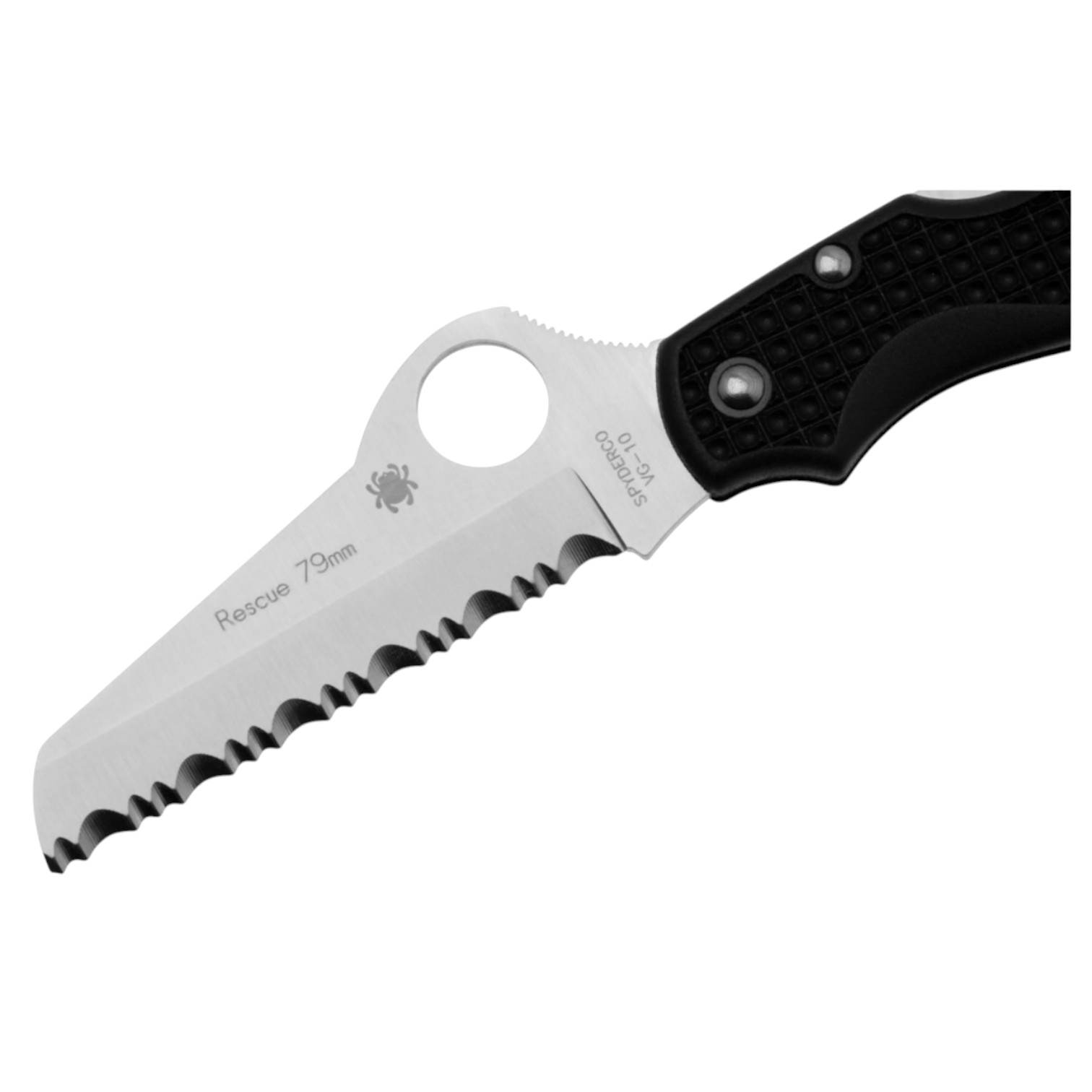 Canivete Spyderco Rescue Black C45SBK com lâmina serrilhada de 79 mm em aço VG10 e cabo em FRN preto.