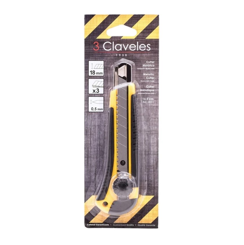 Cutter de 18 mm con mango de metal-nylon y ABS con bloqueo de rueda 3 Claveles