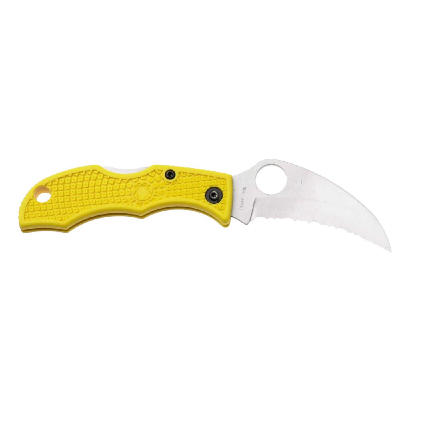 Spyderco Hawkbill SpyderEdge LYLS3HB knife with serrated H1 steel blade and yellow FRN handle