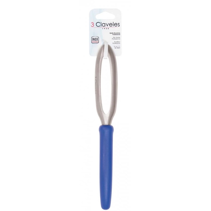 Removedor profissional de escamas de peixe em aço inoxidável com cabo azul 3 Claveles