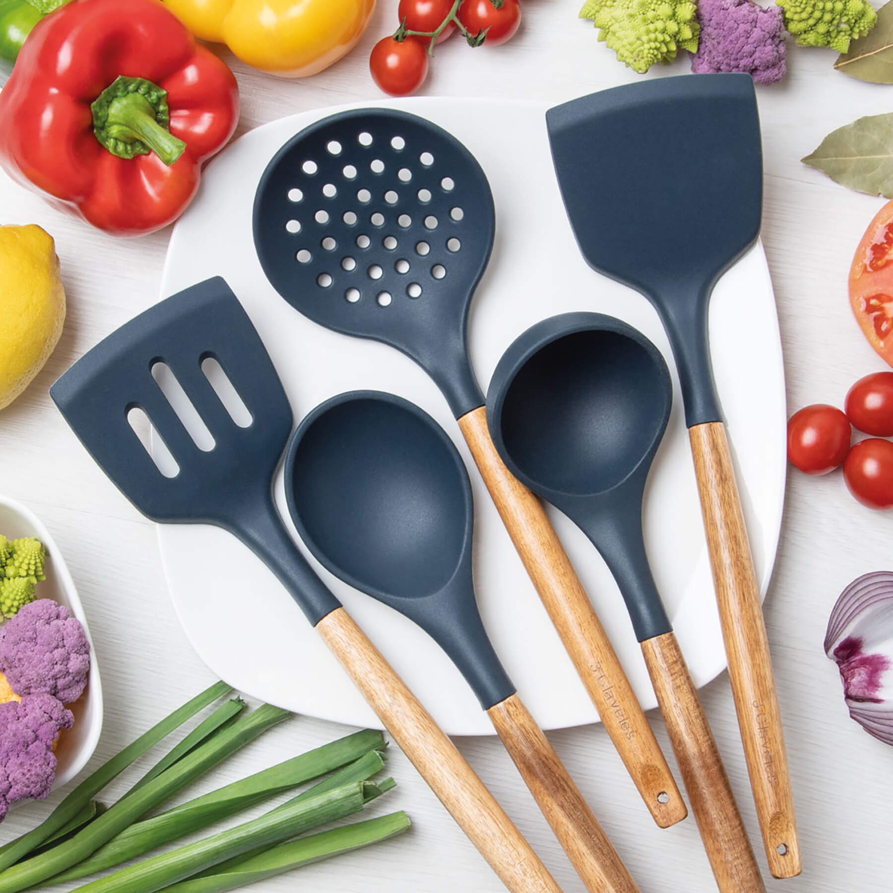 Espátula de cozinha em silicone e madeira de faia, livre de BPA, 3 Claveles