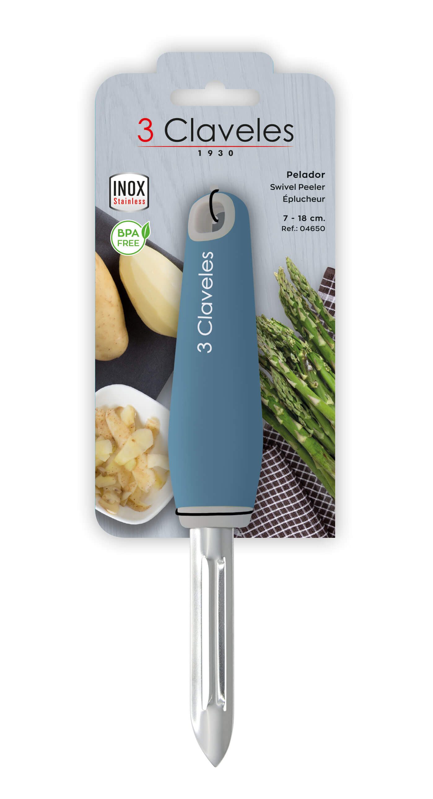 Descascador em aço inoxidável com cabo em TPR e polipropileno, 3 Claveles BPA Free