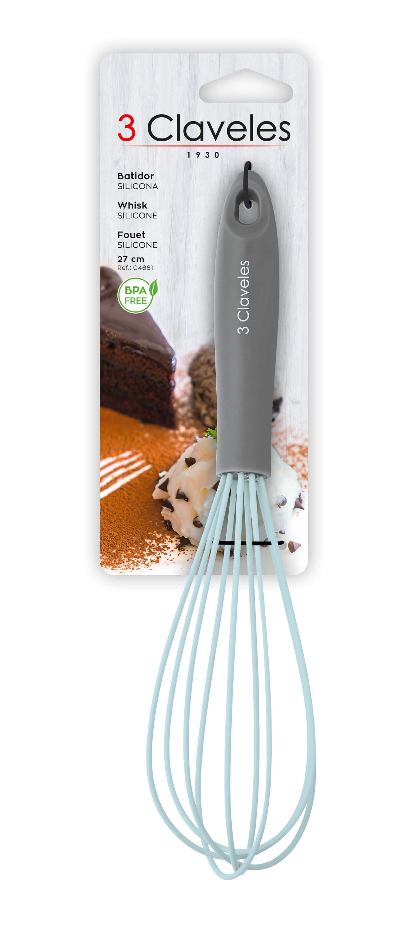 Batedor de cozinha Claveles de silicone livre de BPA com cabo de poliestireno