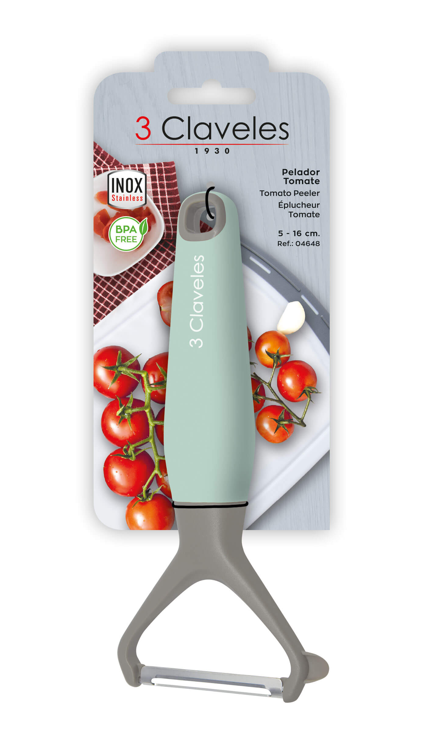 Descascador de tomate em aço inoxidável com cabo em TPR e polipropileno, 3 Claveles BPA Free 4648