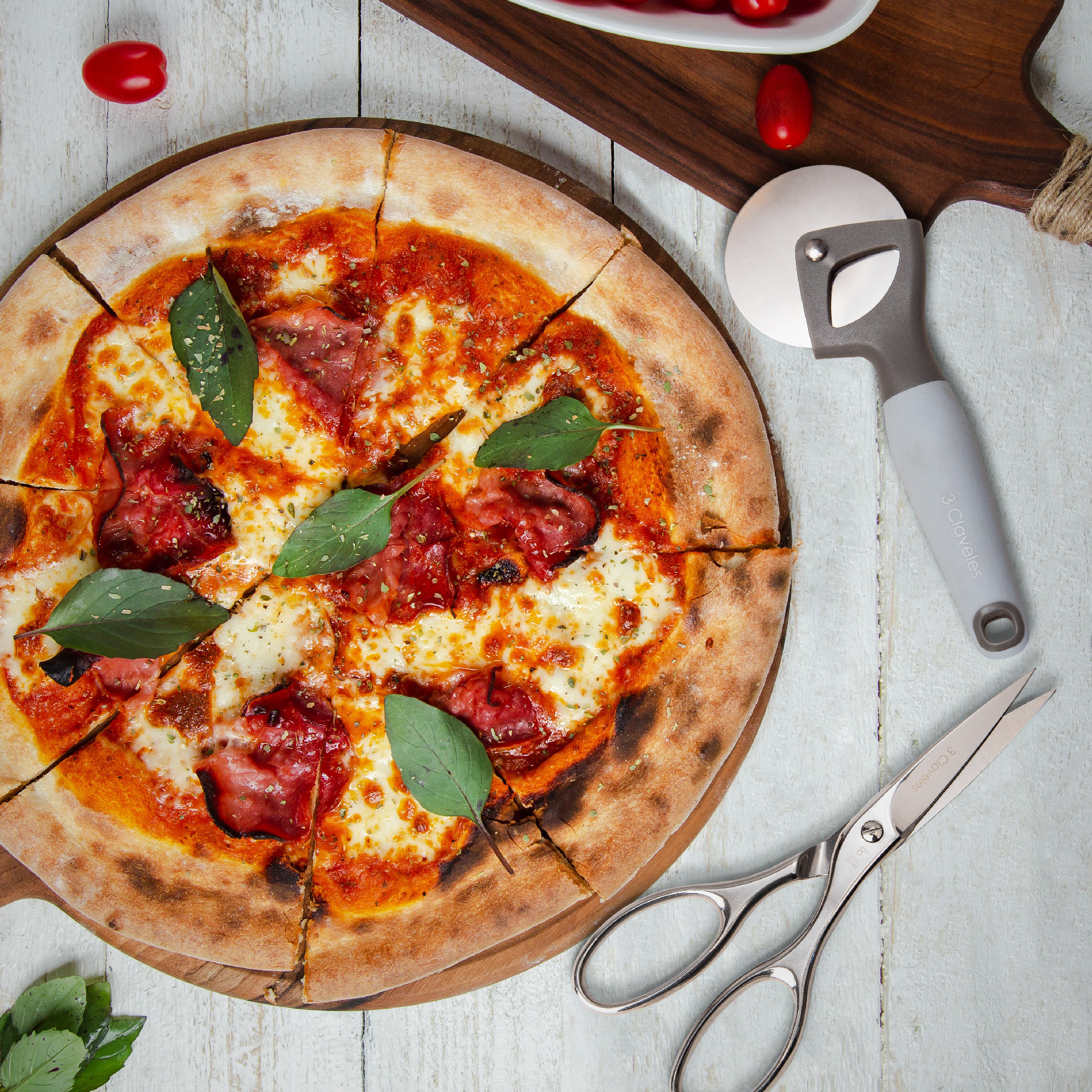 Cortador de pizza em aço inoxidável com cabo em TPR e polipropileno, 3 Claveles BPA Free