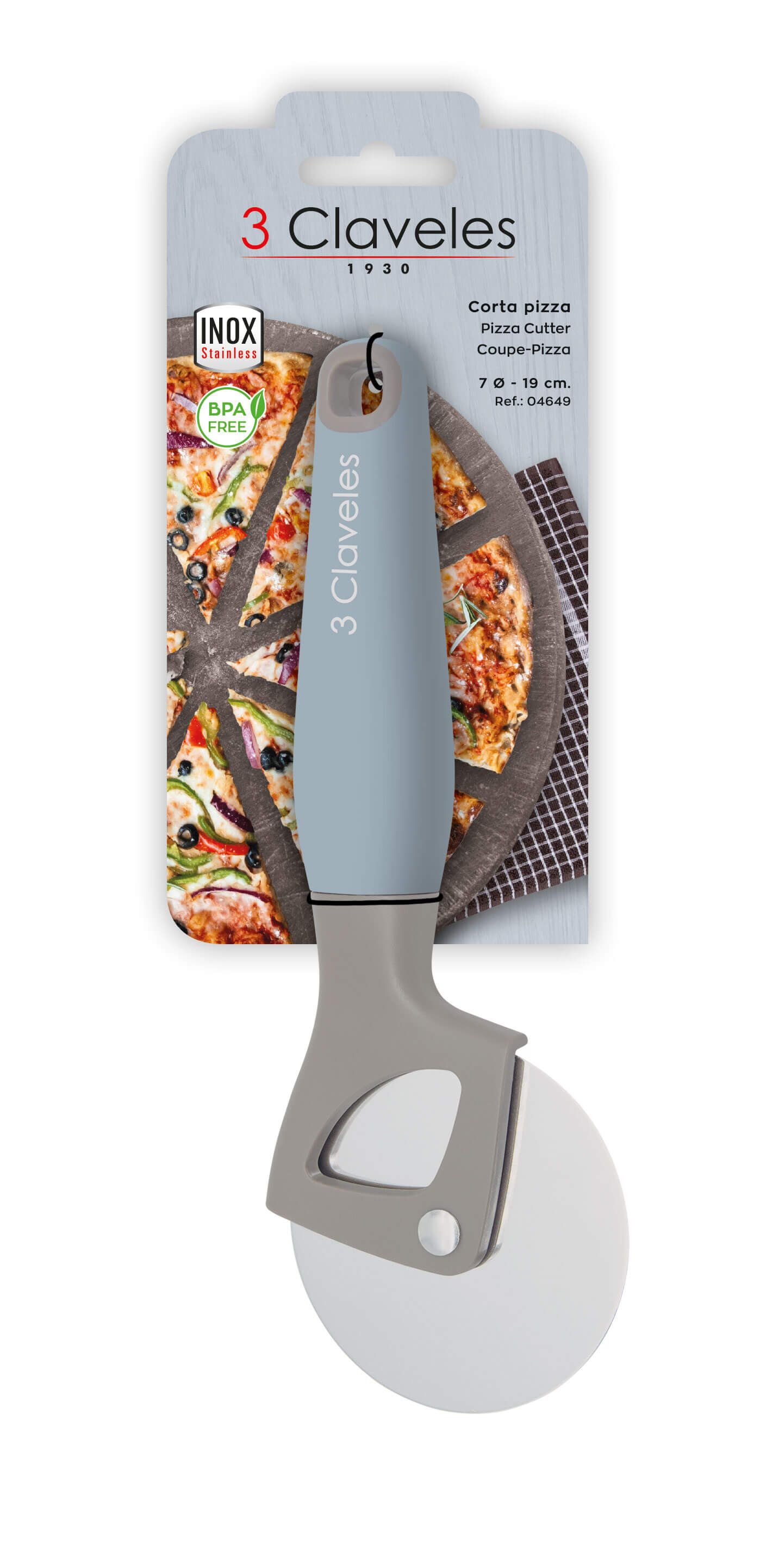 Cortador de pizza em aço inoxidável com cabo em TPR e polipropileno, 3 Claveles BPA Free