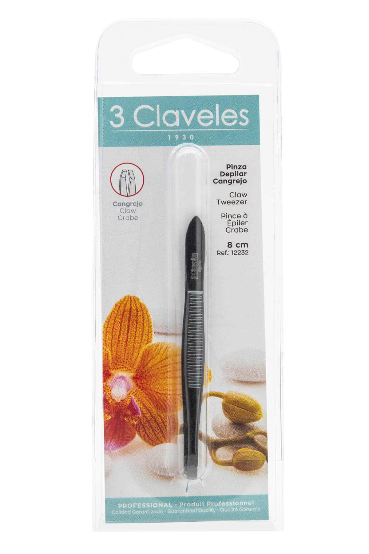 Pinzas de depilar de acero carbono negro 3Claveles forma cangrejo en blister