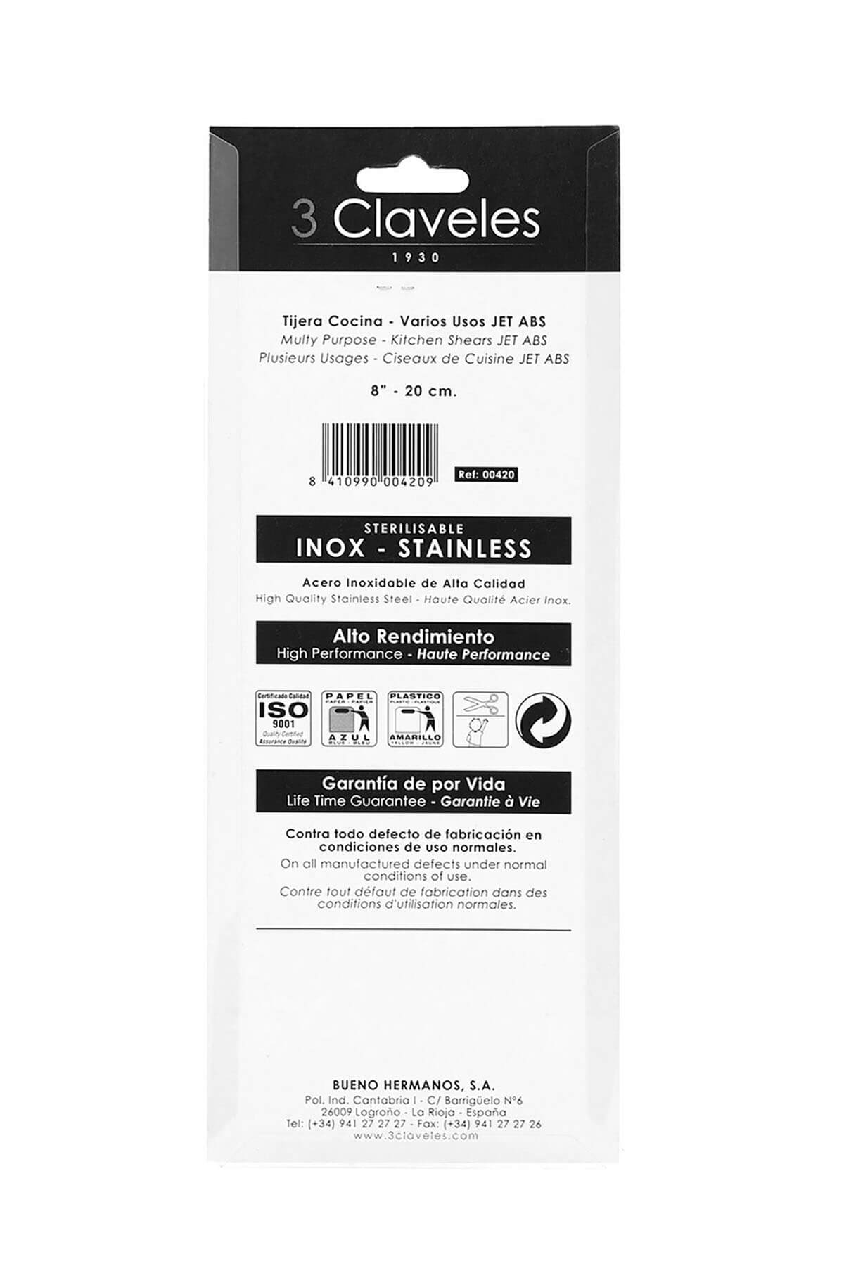 Tesoura de cozinha 3Claveles Jet com cabo em ABS branco e lâmina de 20 cm.