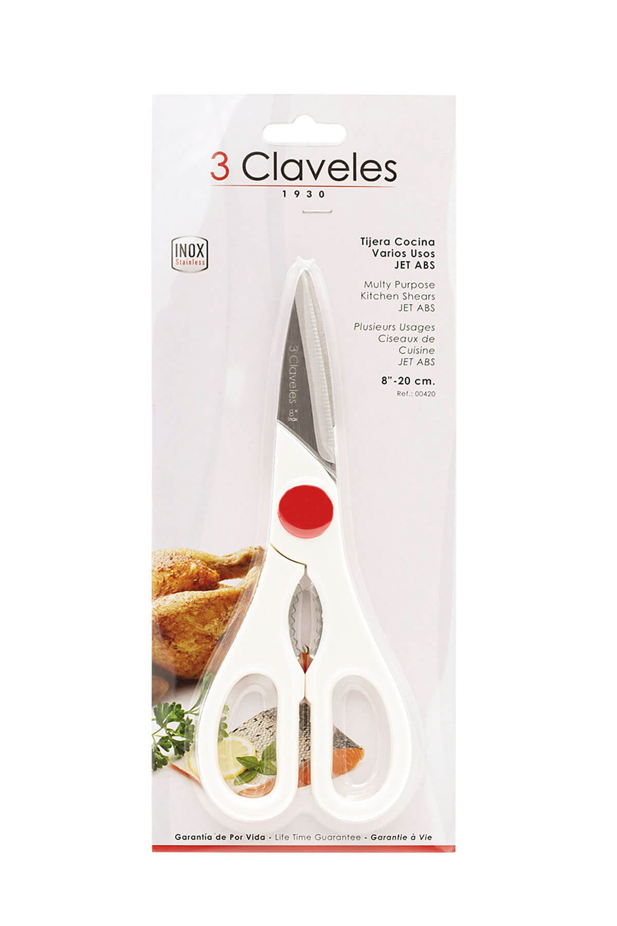 Tesoura de cozinha 3Claveles Jet com cabo em ABS branco e lâmina de 20 cm.