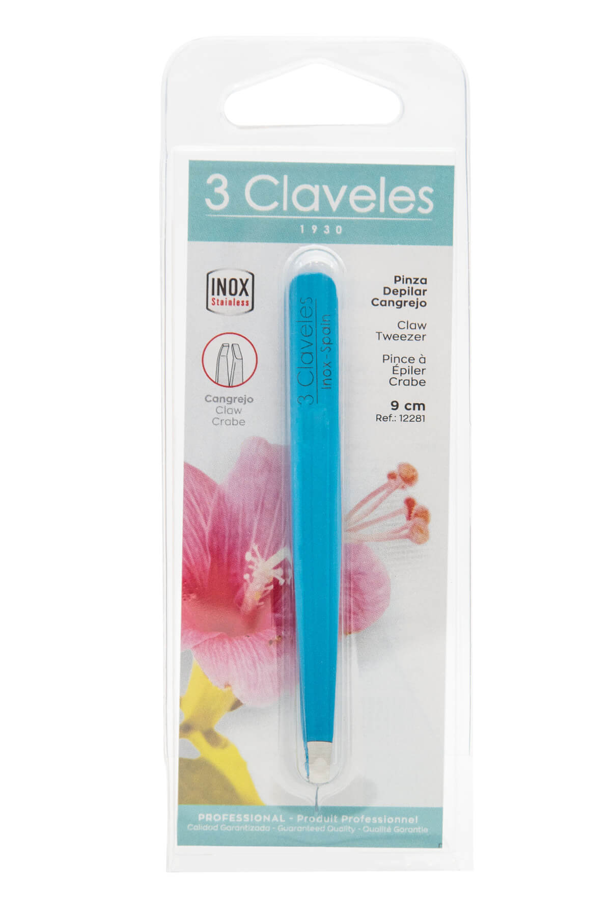 Pinza de depilar azul con punta cangrejo 10 cm 3 Claveles