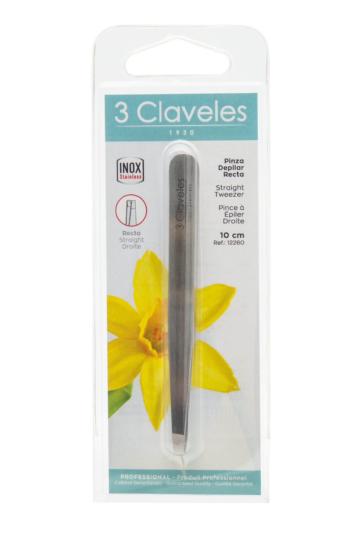 Pinza de depilar de acero inox con punta recta 10 cm 3 Claveles