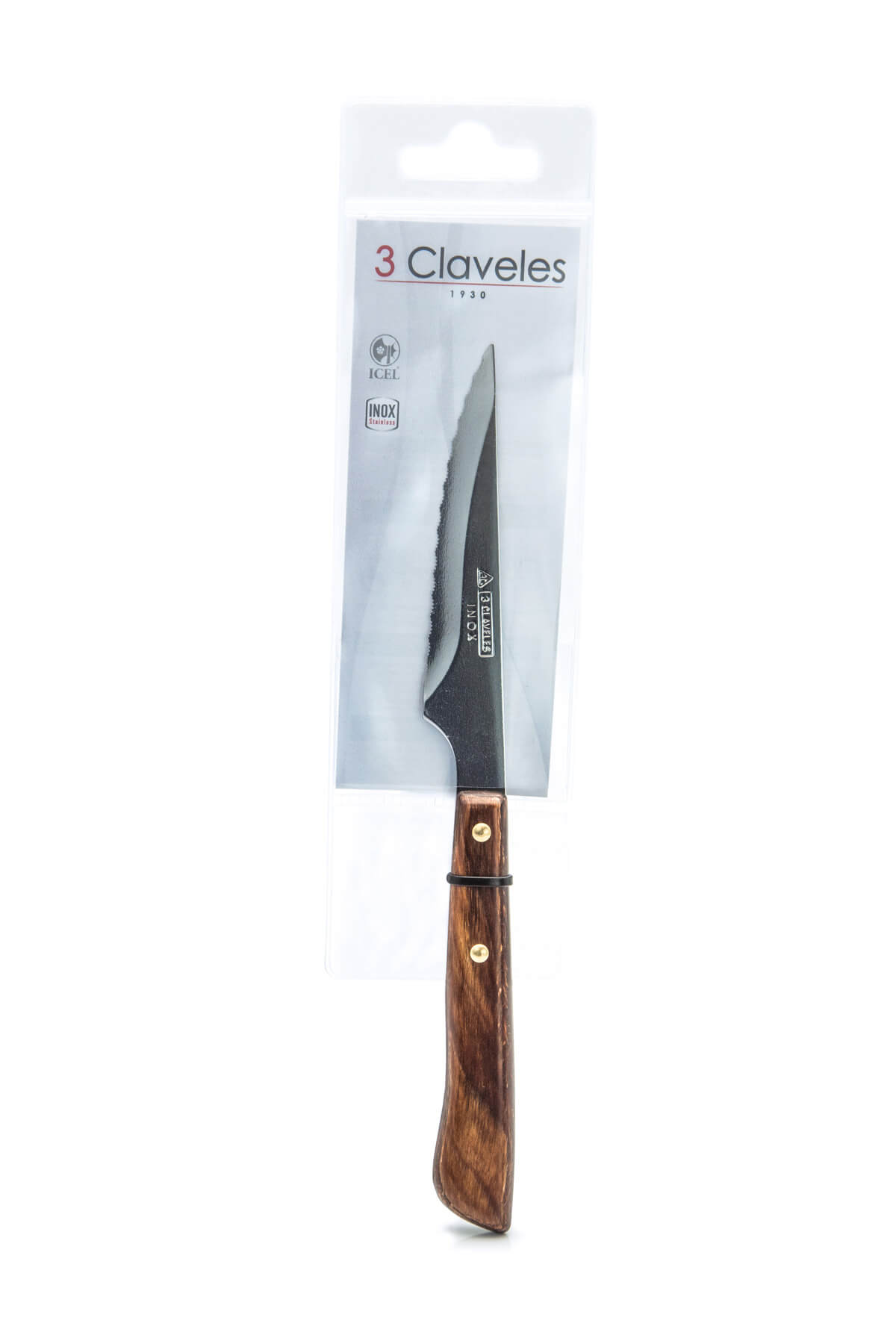 Cuchillo chuletero dentado 10.5 cm mango de madera 3 Claveles blister
