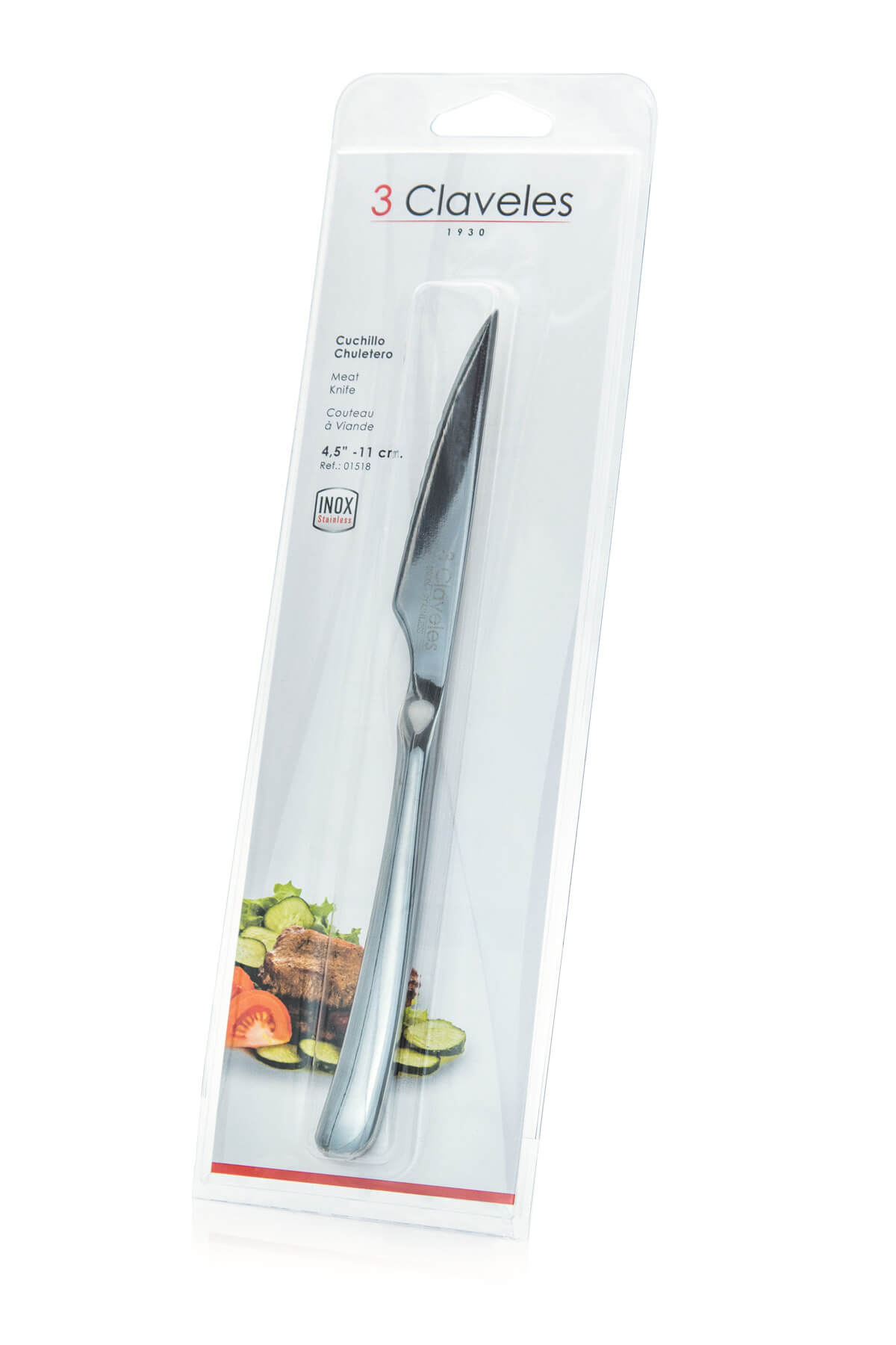 Serrated steak knife 11 cm monoblock 3 Claveles blister