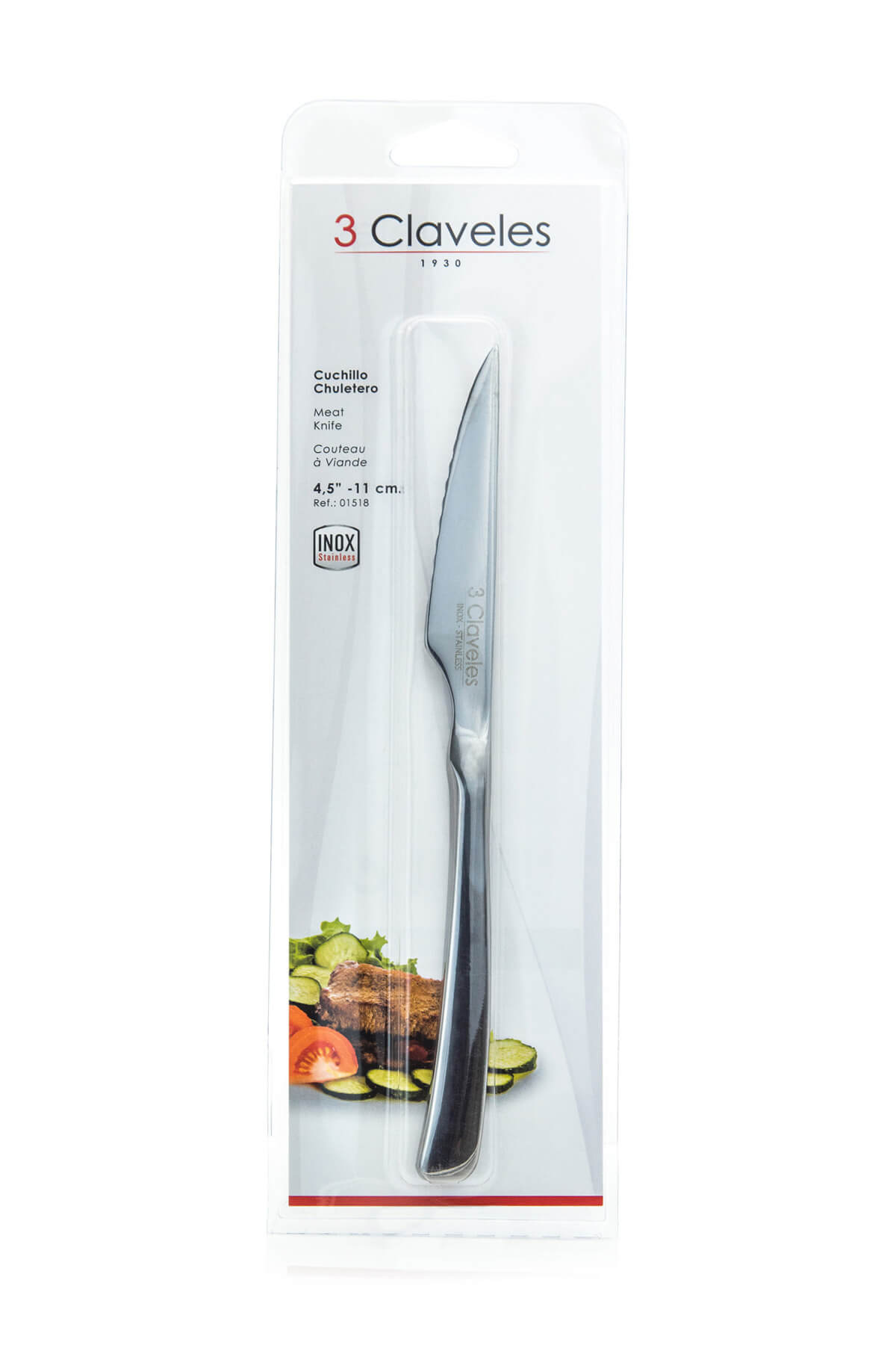 Serrated steak knife 11 cm monoblock 3 Claveles blister