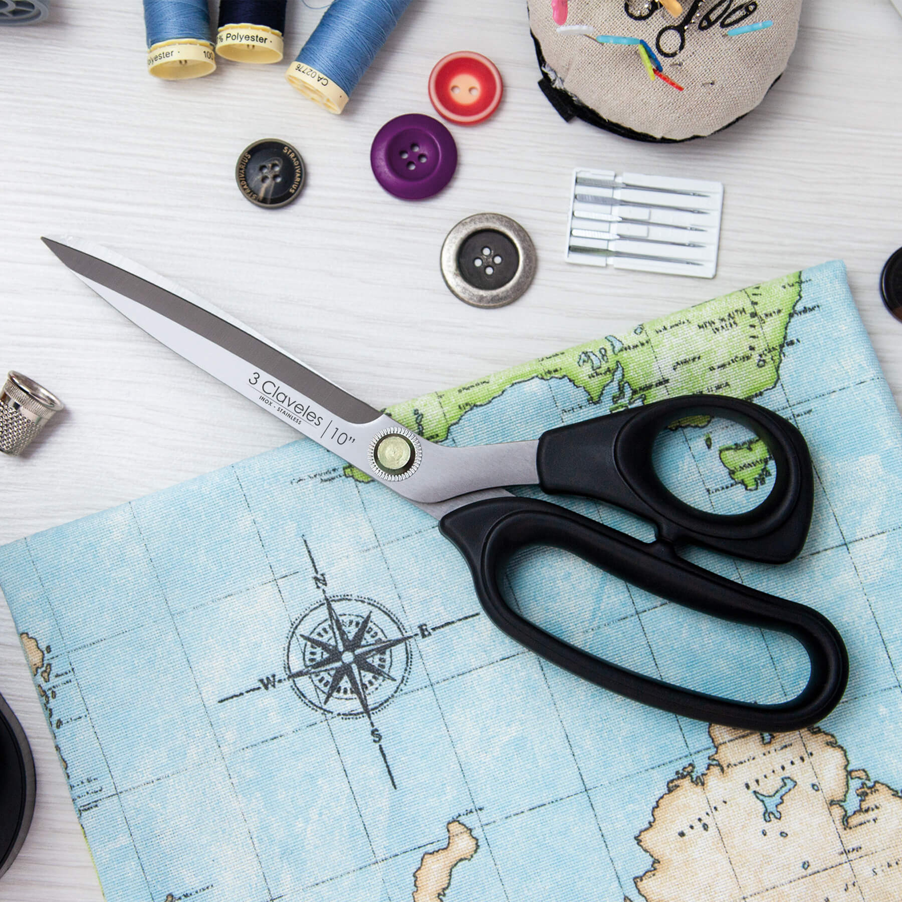 Tijeras de costura varios usos 25 cm con mango termoplástico TPR negro 3 Claveles