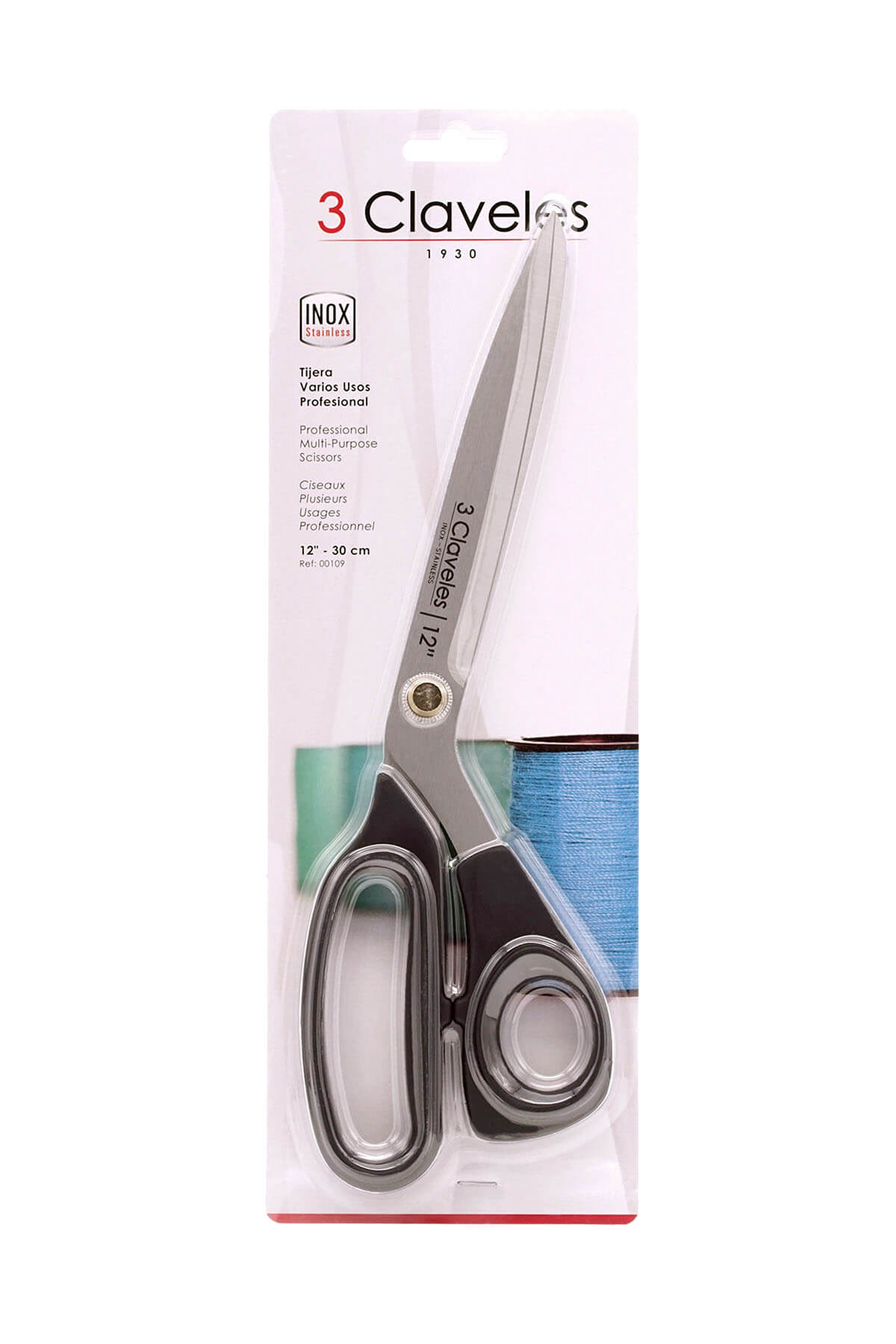 Tesoura de costura multiusos, 30 cm, com cabo em termoplástico TPR preto 3 Claveles