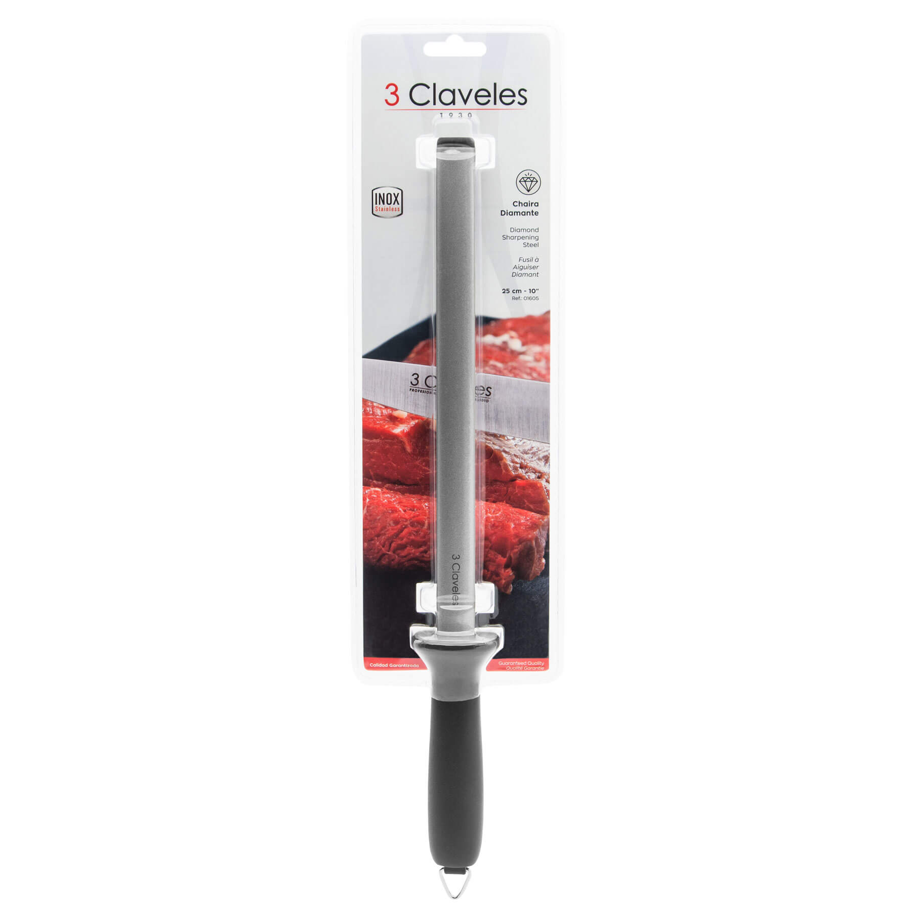 Afiador em aço diamantado 3 Claveles com cabo em fibra de nylon preta