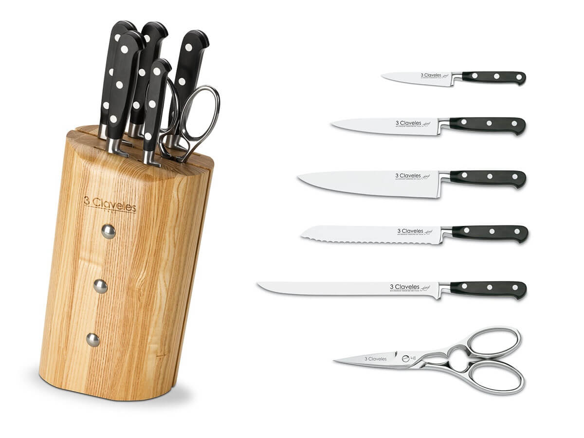 Juego de cocina 5 cuchillos y tijeras en taco 3 Claveles Forgé