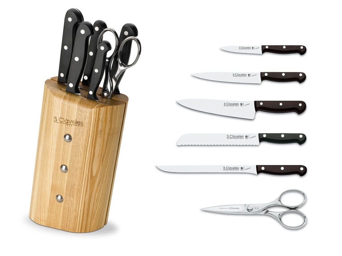 Juego de cocina 5 cuchillos y tijeras en taco 3 Claveles Uniblock