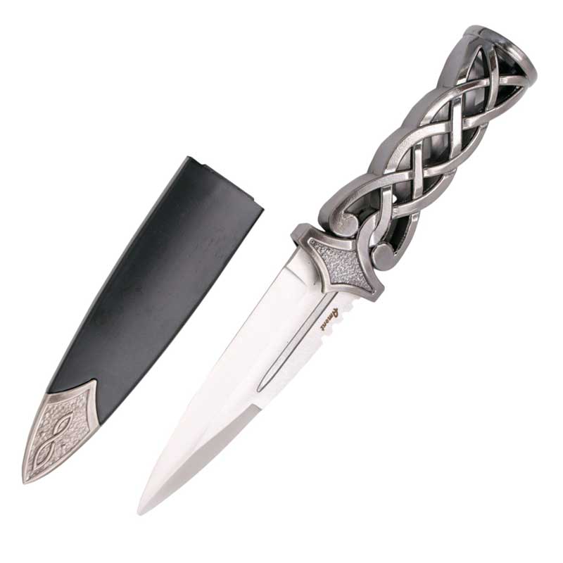 Daga antigua con hoja de 10,5 cm y mango de níquel trenzado con p...