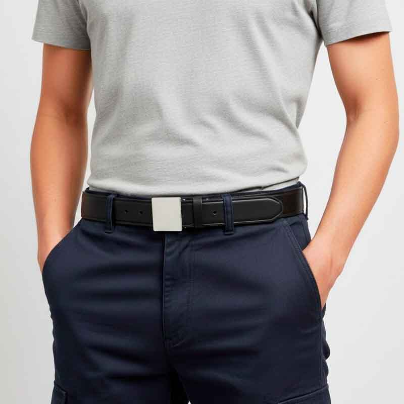 cinturón de cuero con hebilla plateada 25-71406