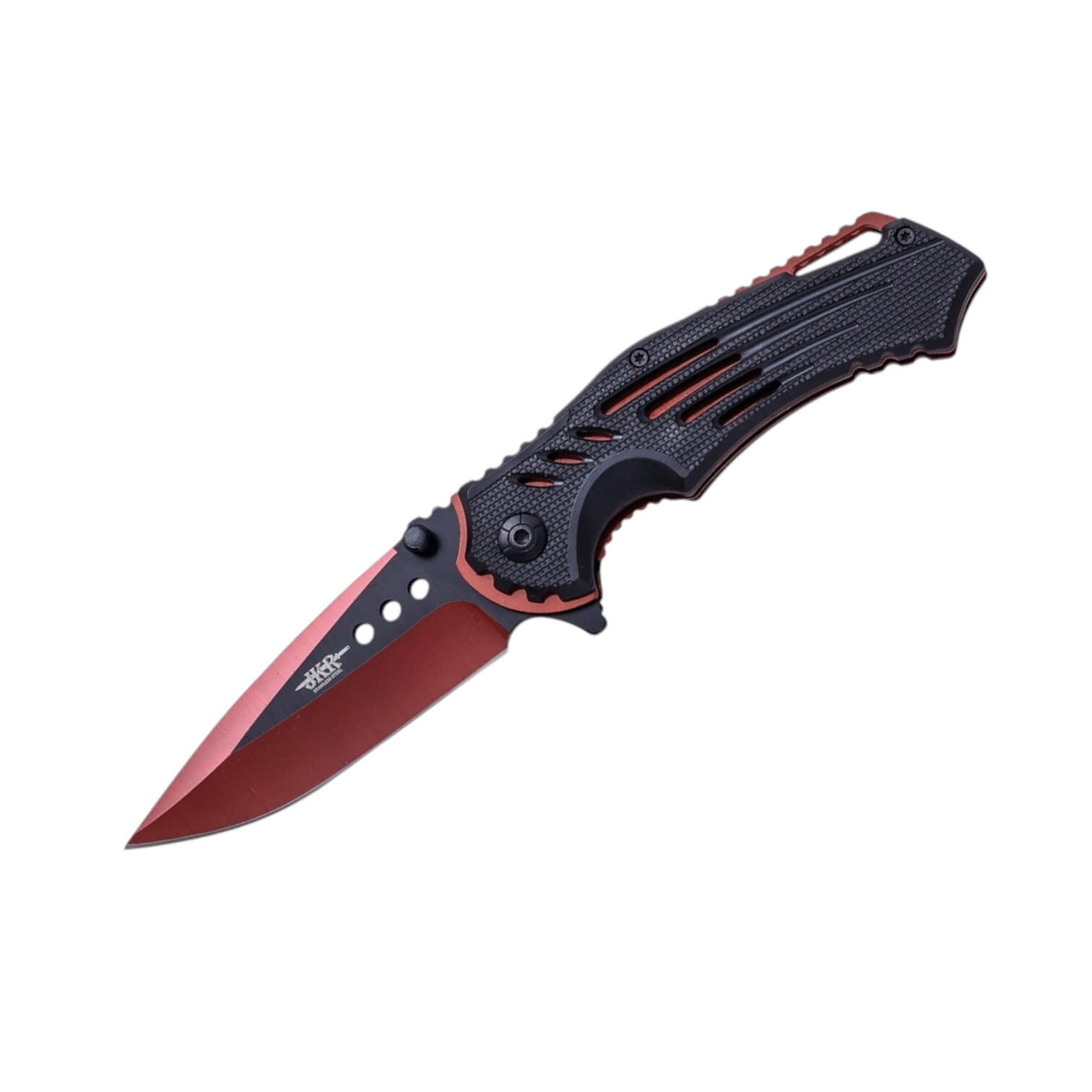 Navaja deportiva con hoja roja y negra de 8.5 cm y mango de plást...