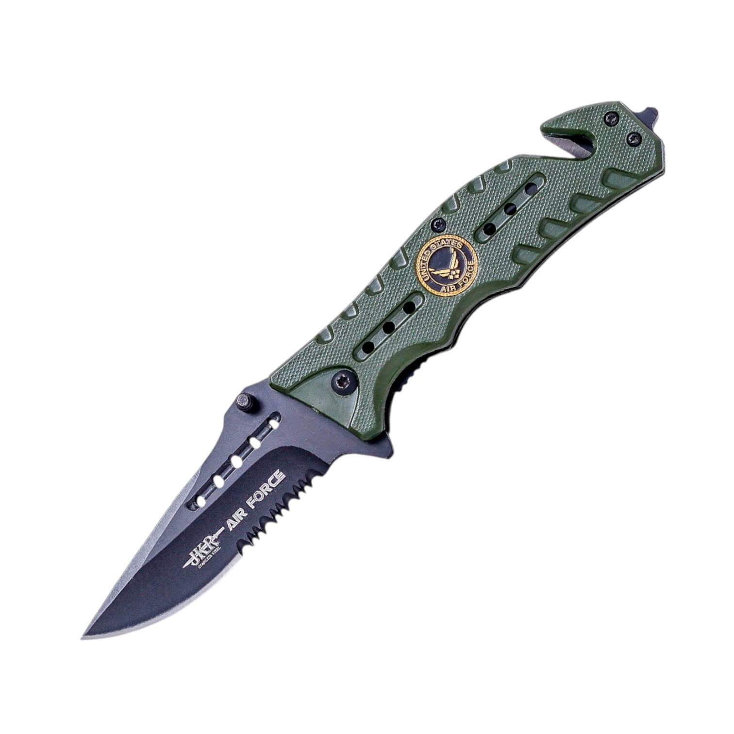 Navaja Air Force con hoja negra con sierra de 8 cm y mango de alu...