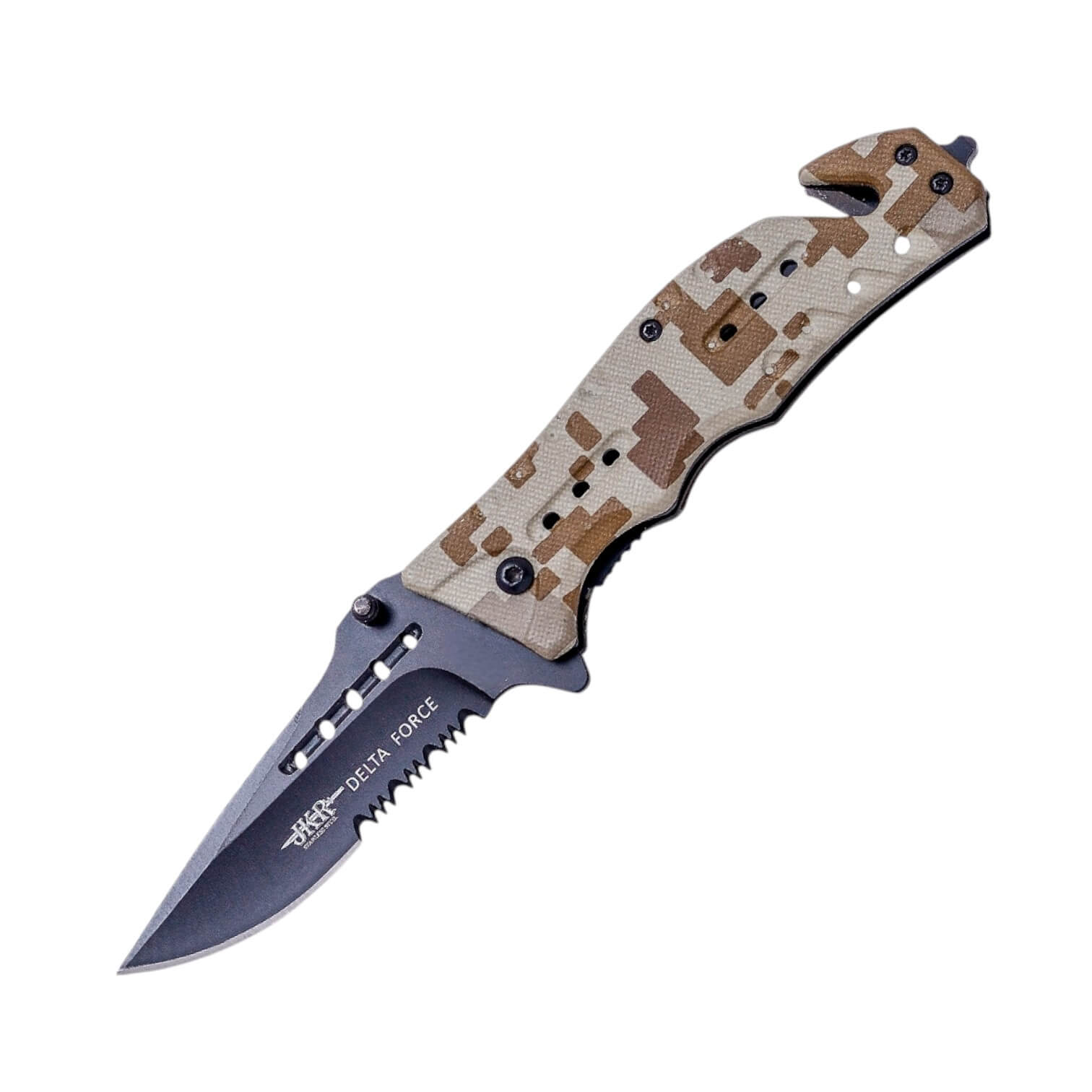 Navaja Delta Force con hoja negra con sierra de 8 cm y mango de a...