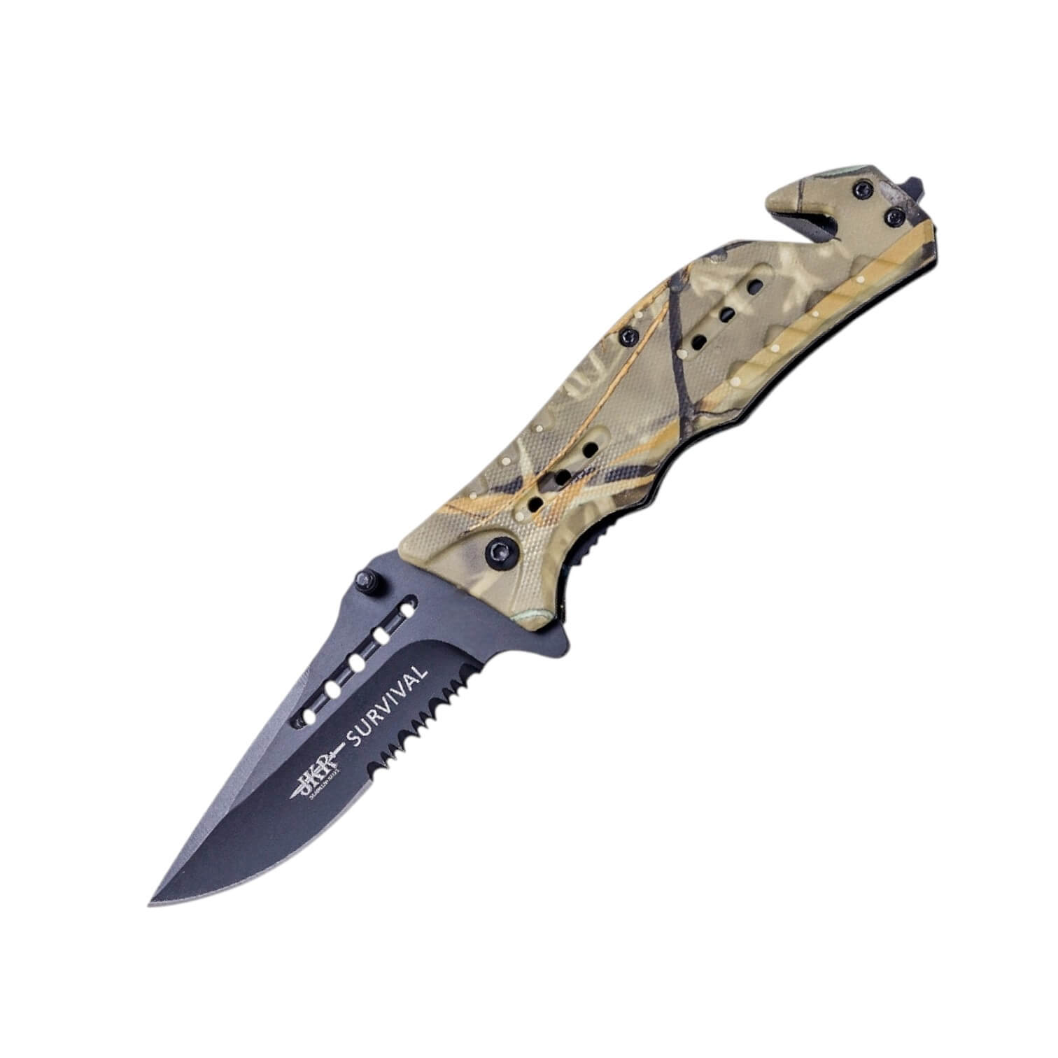 Navaja con hoja negra con sierra de 8 cm y mango de aluminio camu...