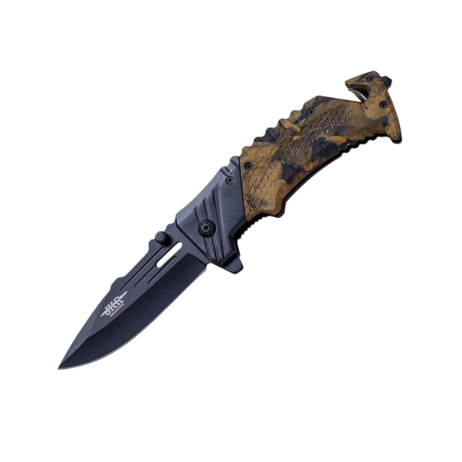 Navaja de rescate con hoja negra de 8,5 cm y mango camuflaje con ...