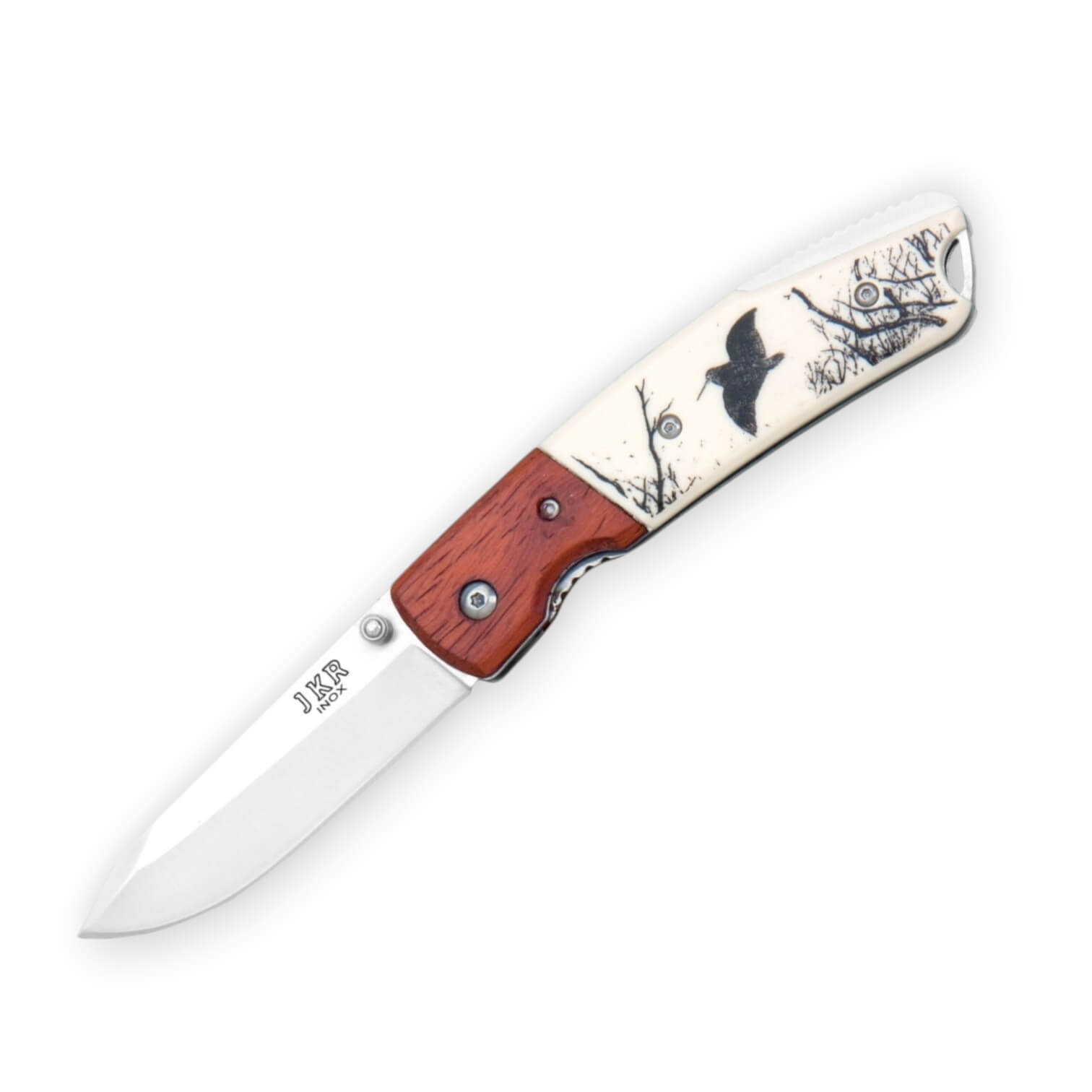 Navaja con mango de plástico decorado becada, virola de madera y ...