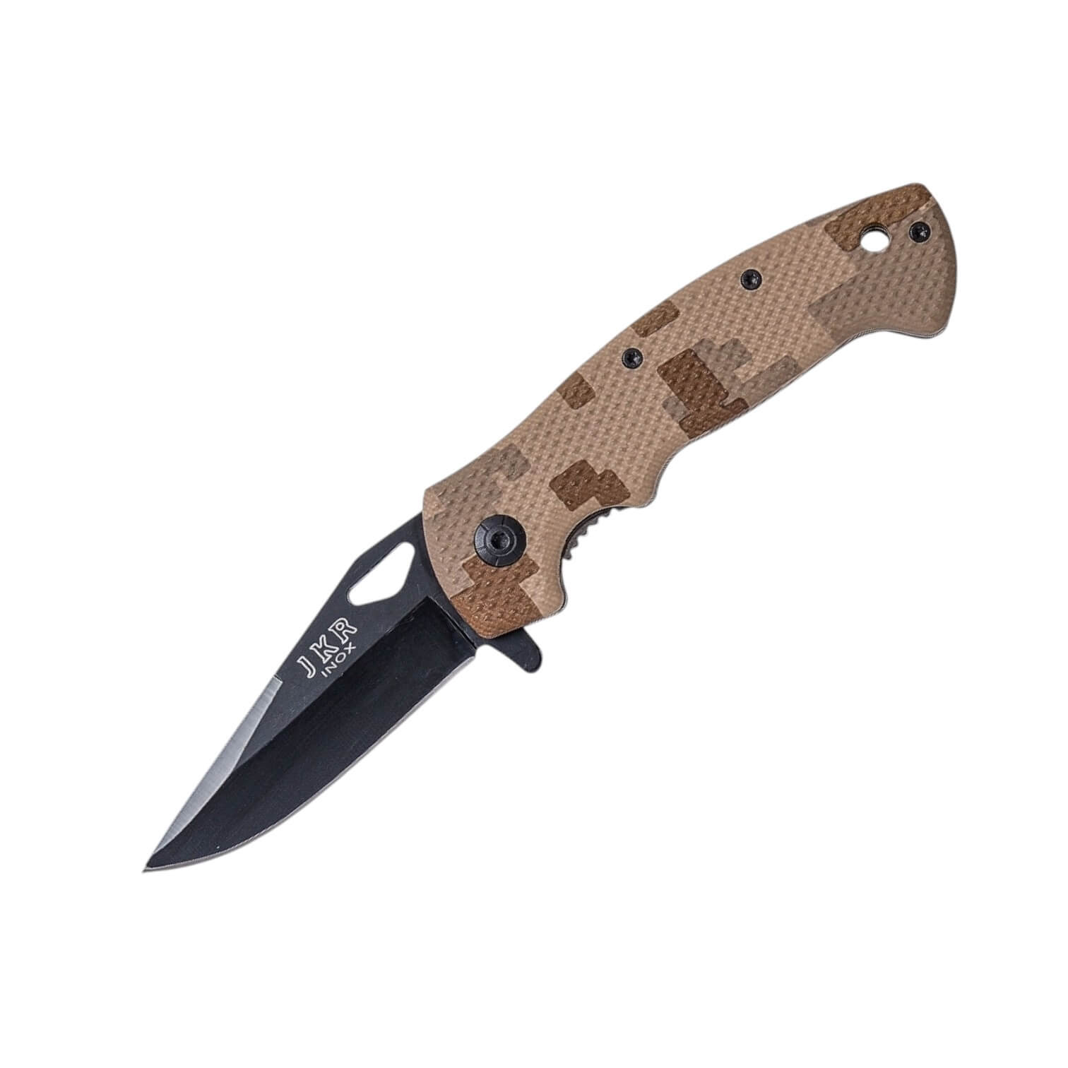 Navaja táctica con mango de fibra camuflaje digital y hoja puntia...