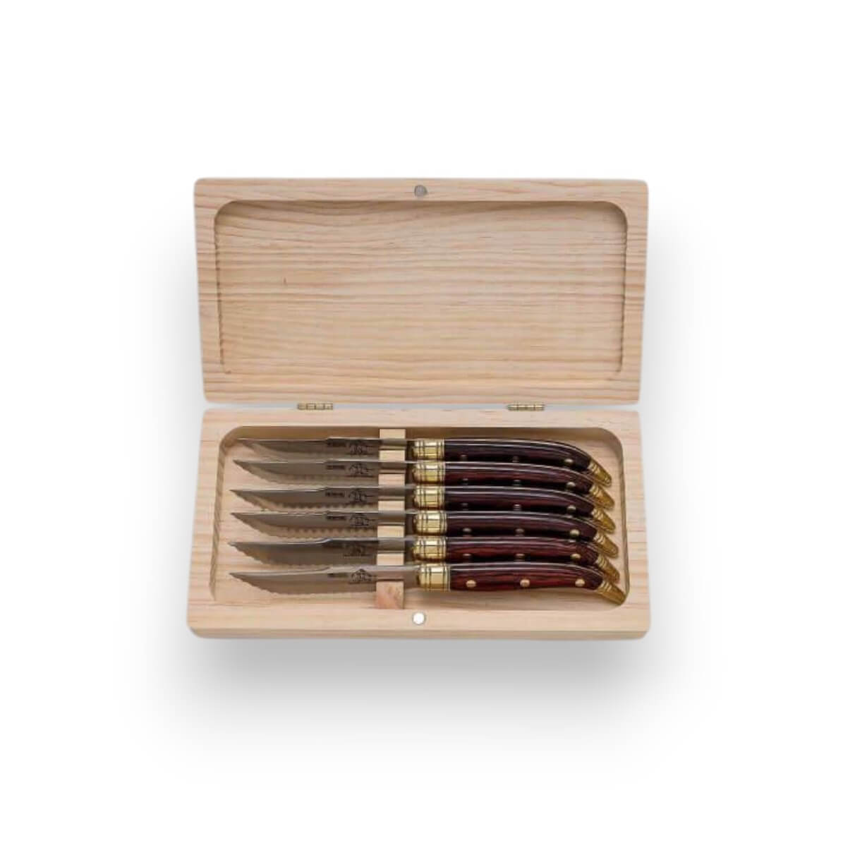 Juego de 6 cuchillos de mesa con mango de madera roja en estuche ...