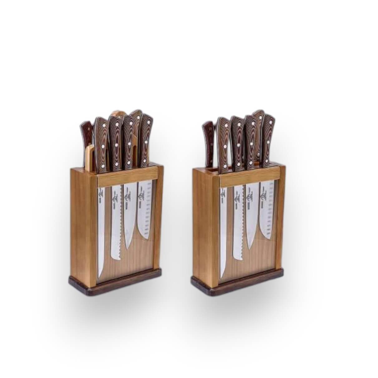 Taco magnético de madera de pino con 9 piezas con mango de mikarta marrón