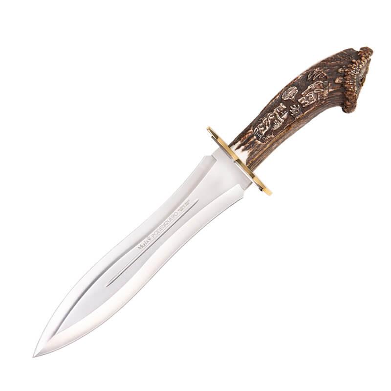 Cuchillo de caza Muela Podenquero GV con mango de asta de ciervo con tallado de escena de ciervo